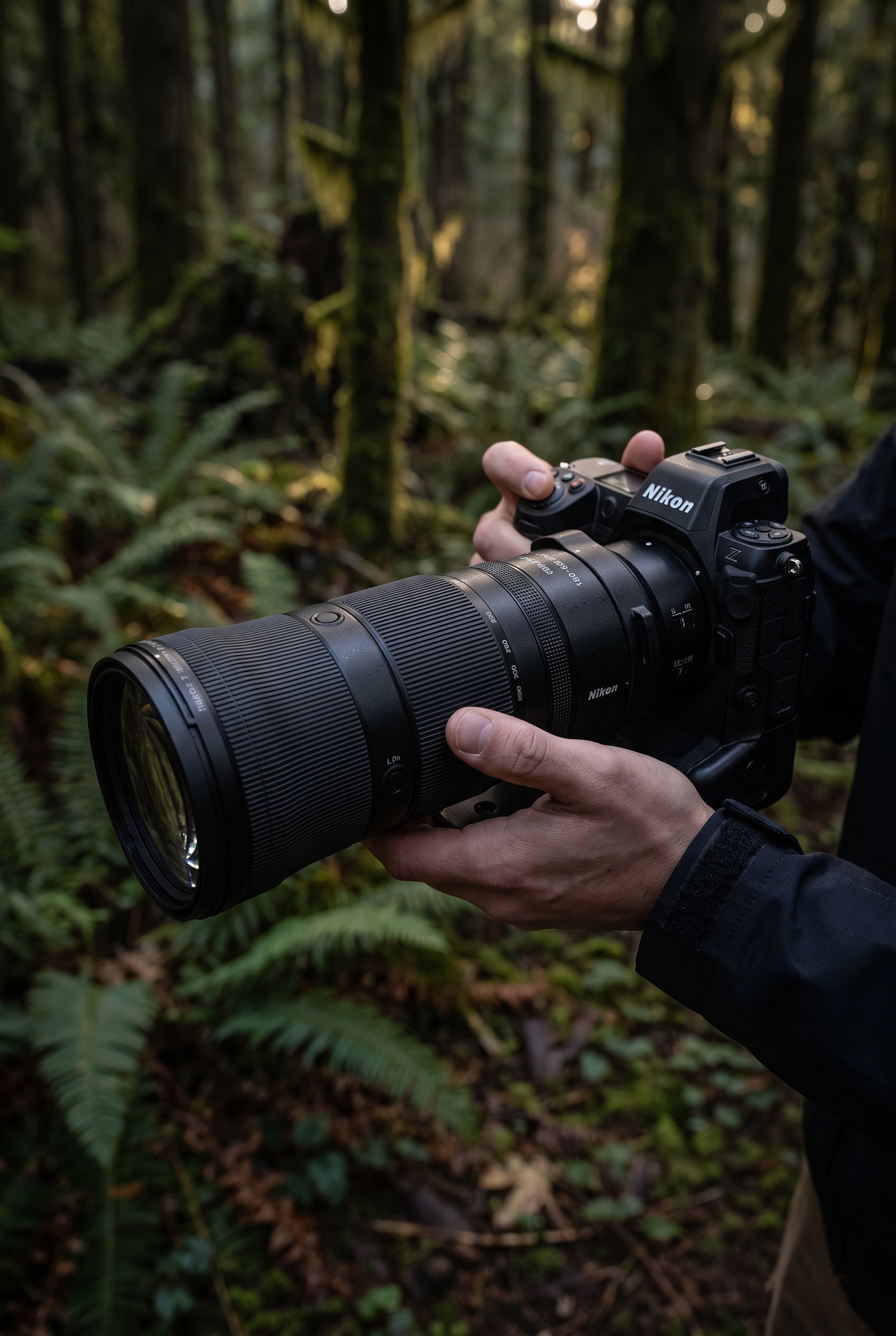 Photographe tenant en main l'objectif Nikon Z 180-600mm f/5.6-6.3 VR monté sur un boîtier hybride en forêt