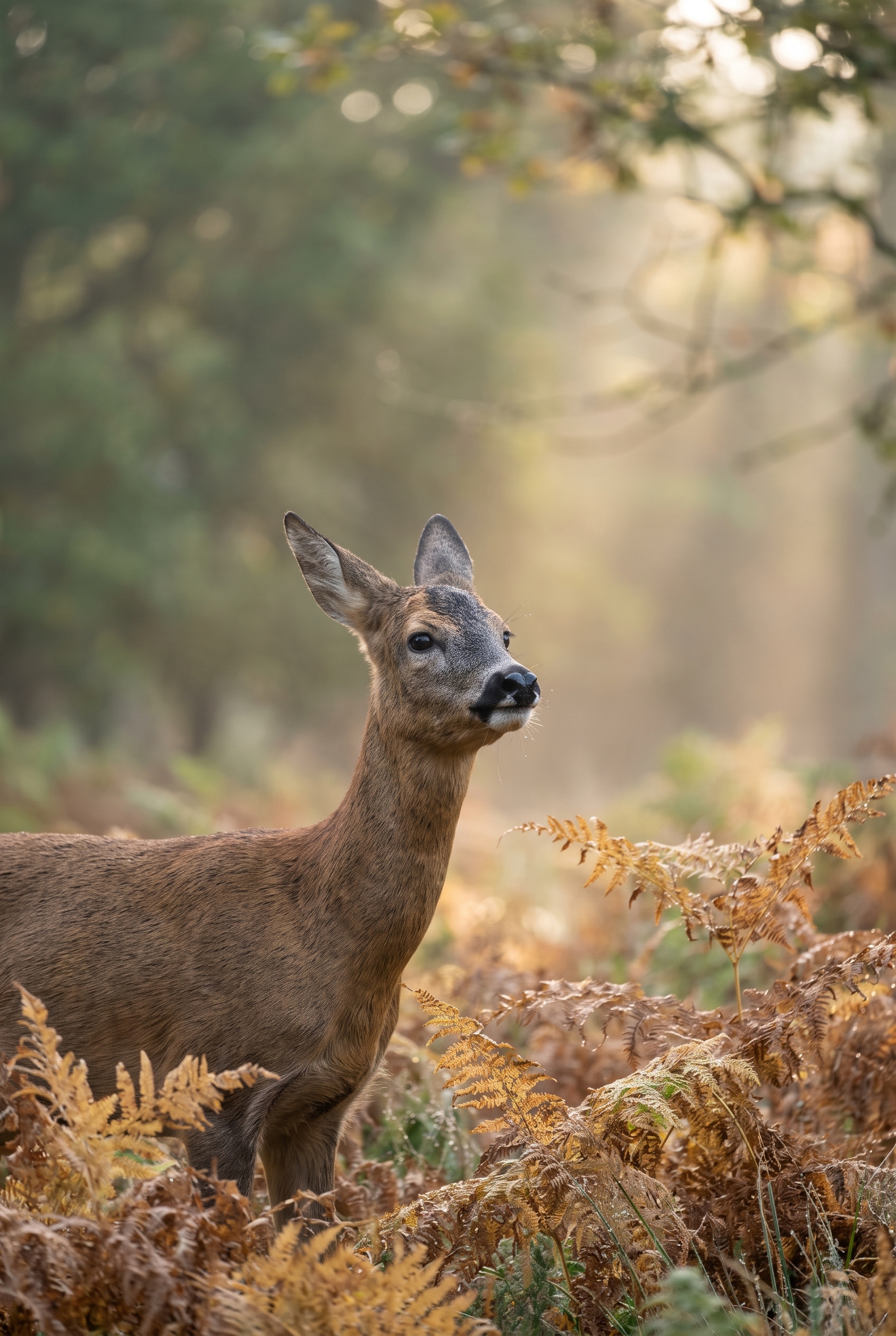 Photo d'un brocard à l'orée d'un bois réalisée lors du test du Nikon Z 180-600mm, démontrant le piqué exceptionnel sur les détails du pelage.