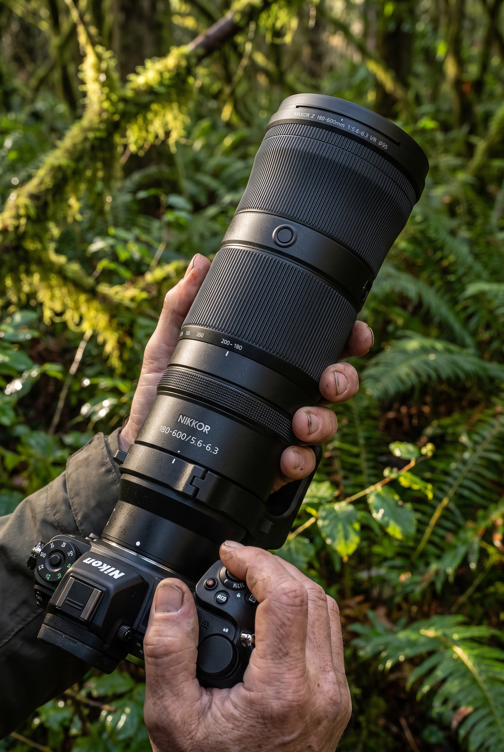 Mains d'un photographe tenant l'objectif Nikon Z 180-600mm monté sur un boîtier hybride lors d'un test en forêt.