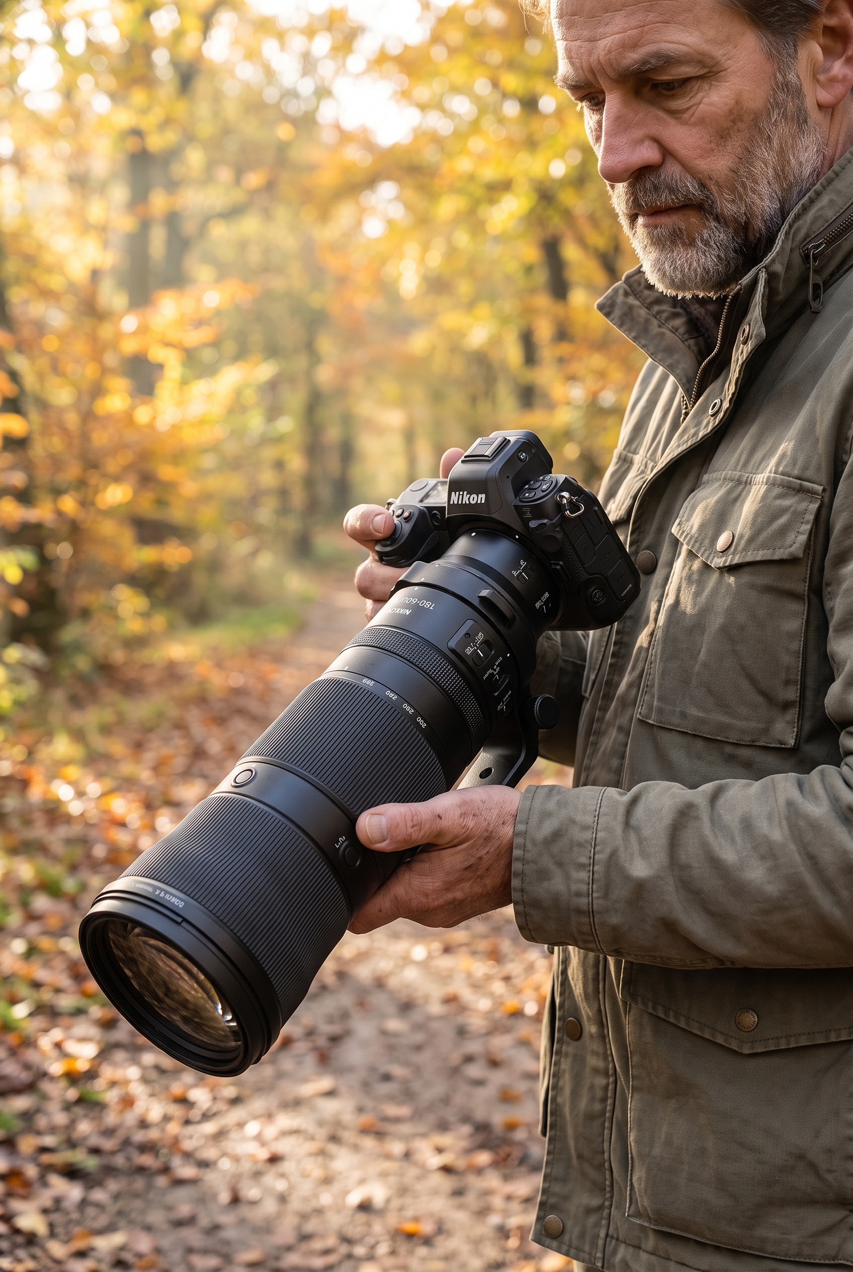 Photographe tenant l'objectif Nikon Z 180-600mm par sa poignée de collier de pied lors d'un test en photo animalière.