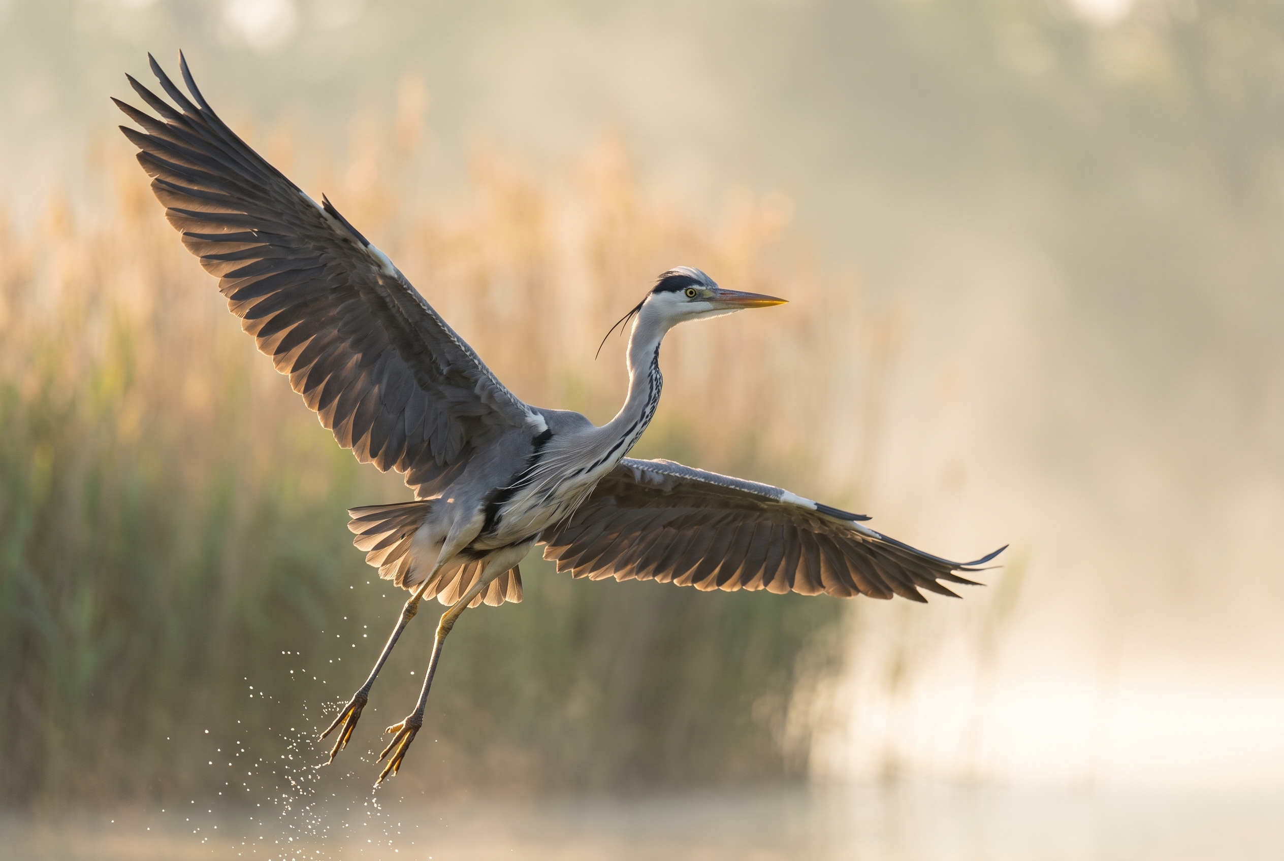 Photographie d'un héron cendré au décollage capturée avec le Nikon Z 600mm f/4 TC VR S, montrant un piqué extrême sur le plumage et un bokeh fluide.