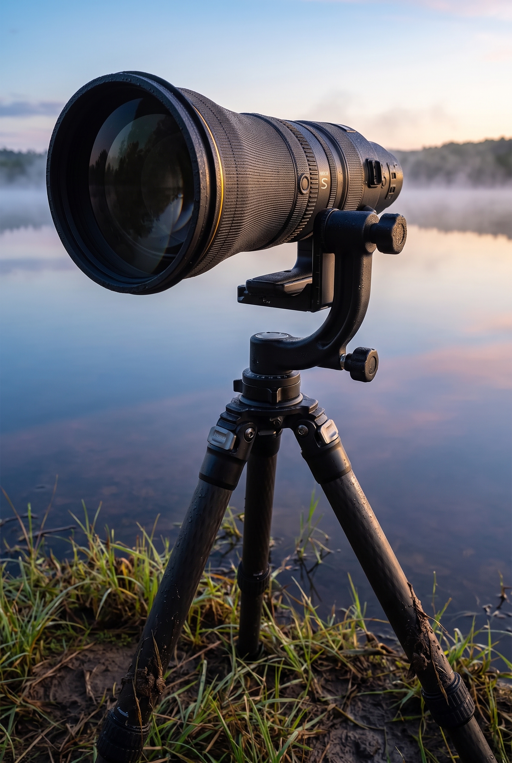 Objectif Nikon Z 600mm f/4 TC VR S monté sur une tête pendulaire et trépied carbone lors d'un test matinal au bord d'un lac.