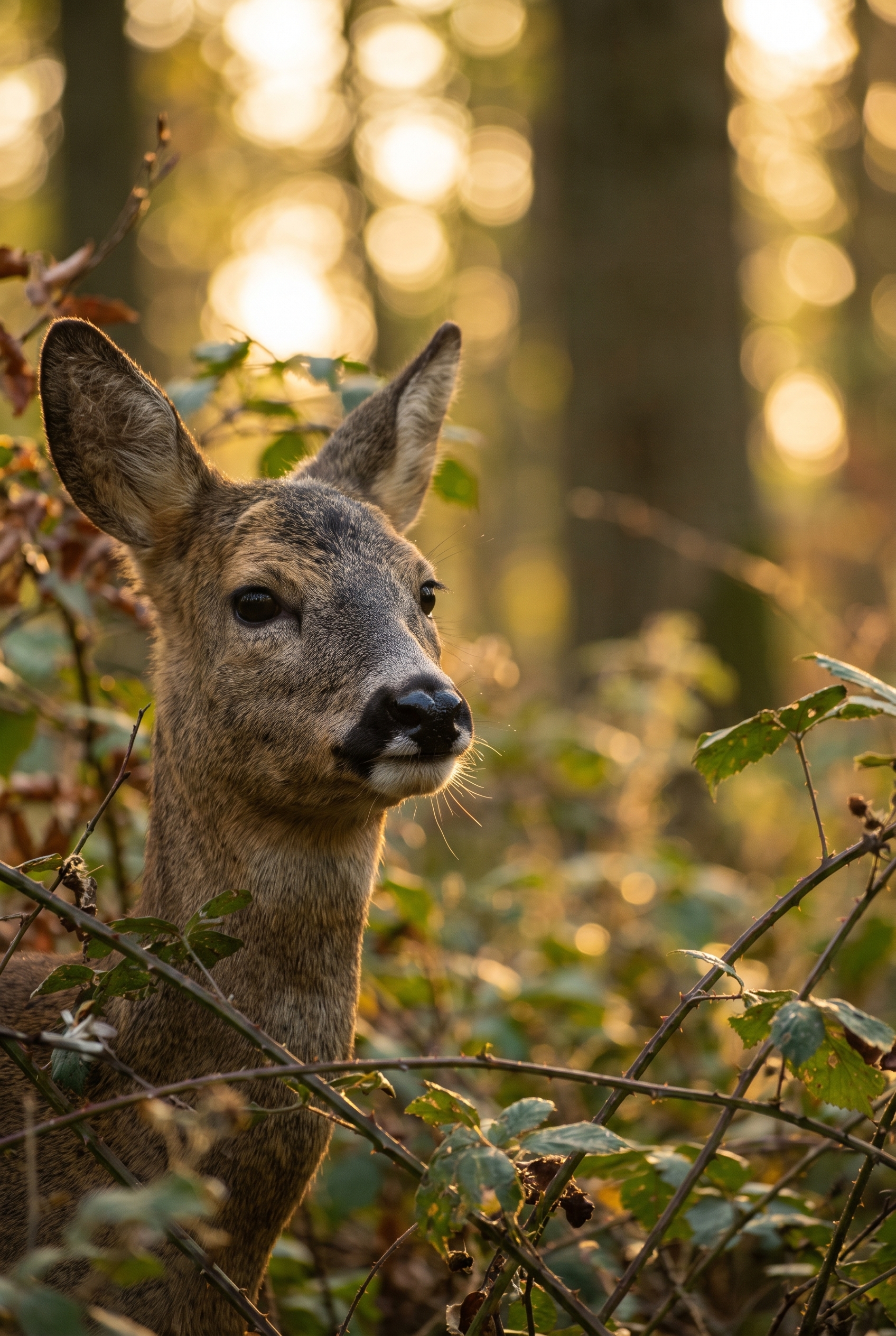 Portrait de chevreuil pris au Nikon Z 600mm f/4 montrant le piqué exceptionnel et le bokeh crémeux en forêt.