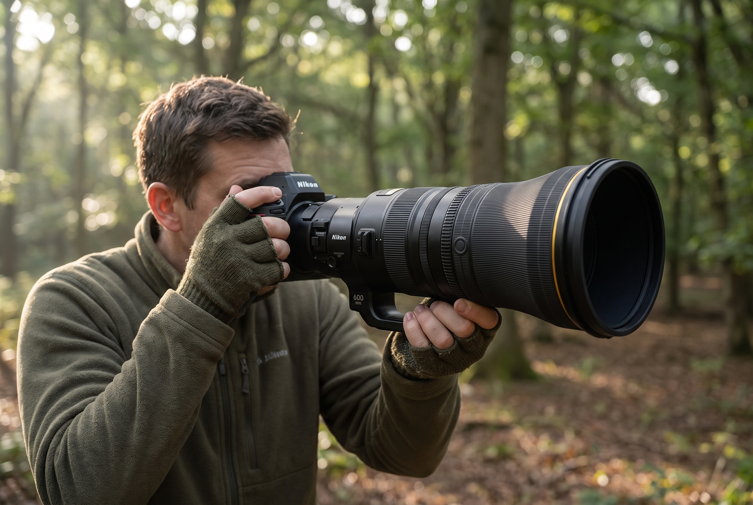 Photographe naturaliste tenant le Nikon Z 600mm f/4 TC VR S à main levée en forêt pour tester l'équilibre et le poids du téléobjectif.