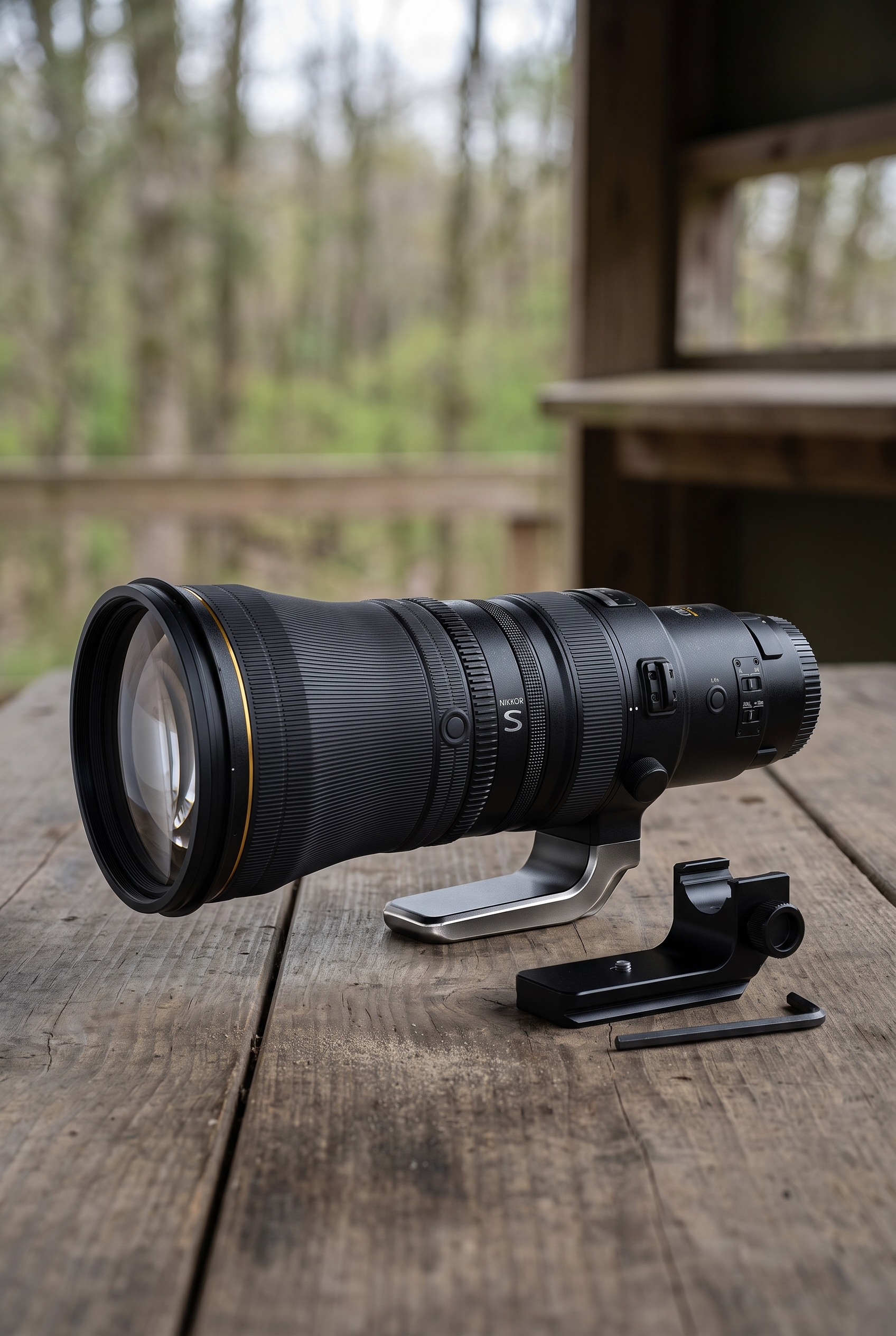 Test du Nikon Z 600mm f/4 TC VR S : comparaison entre le pied d'origine et un pied de remplacement compatible Arca-Swiss sur une table d'observatoire.