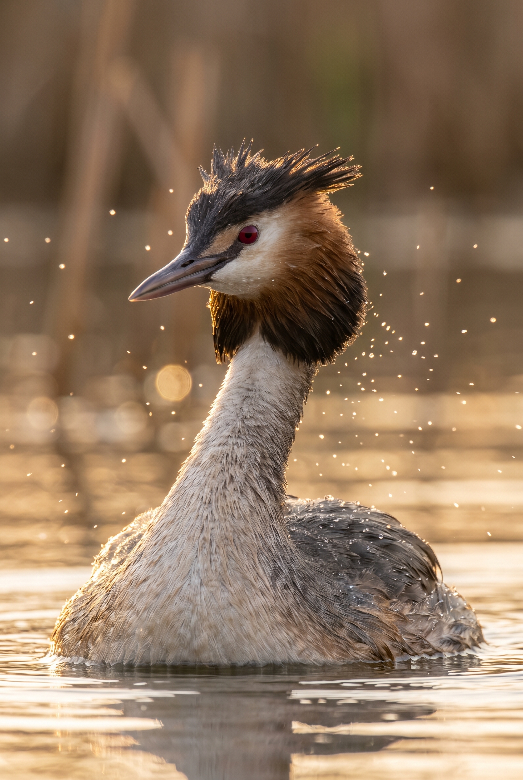 Photo animalière d'un Grèbe huppé s'ébrouant au lever du soleil, test du piqué du Nikon Z 600mm f/4 TC VR S avec téléconvertisseur 1.4x intégré.