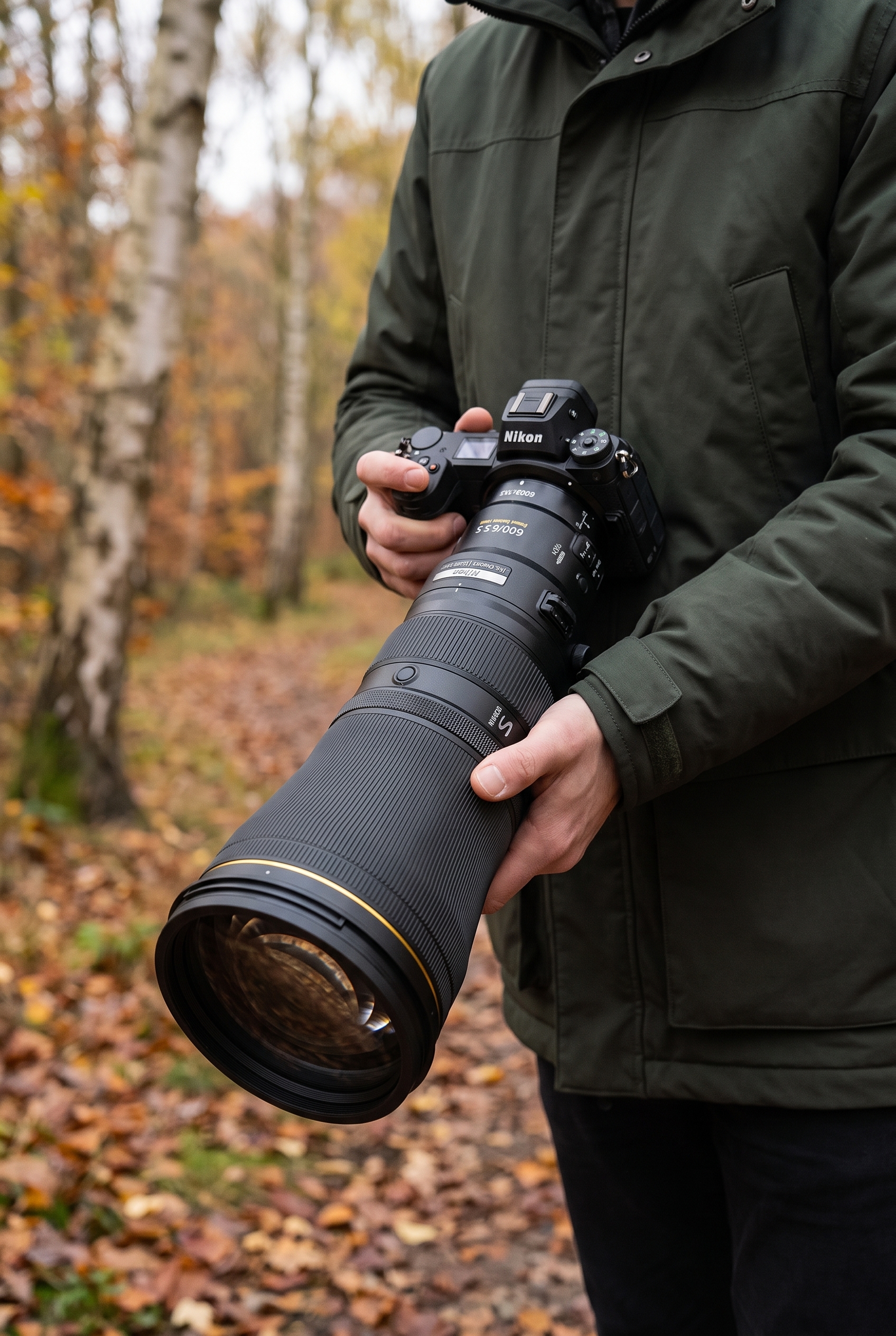 Photographe animalier tenant le Nikon Z 600mm f/4 TC VR S à main levée en forêt pour tester son équilibre et son poids.