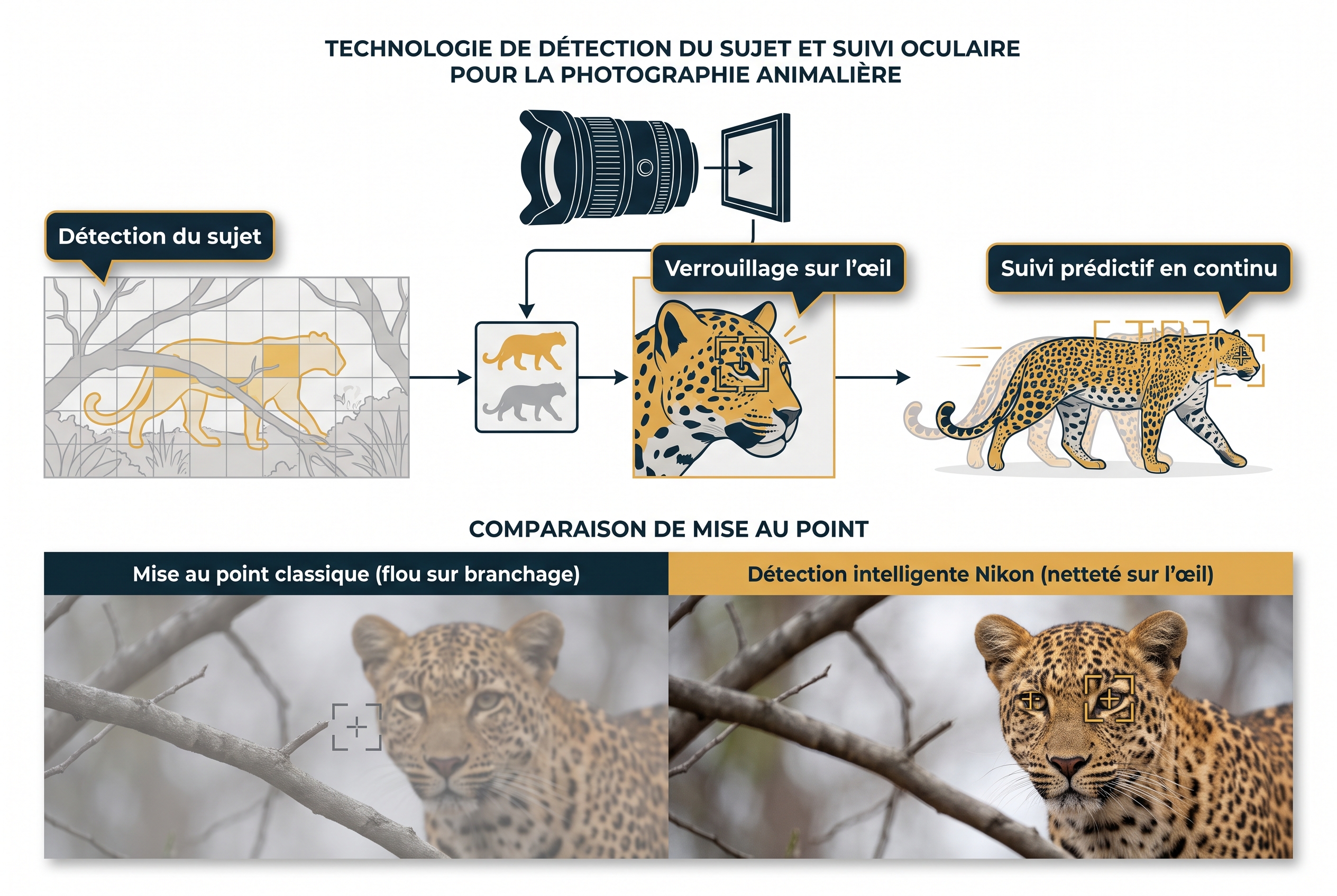 Schéma technique du test Nikon Z5 II C montrant la détection intelligente du sujet et le verrouillage de l'autofocus sur l'œil d'un animal malgré des branches au premier plan.