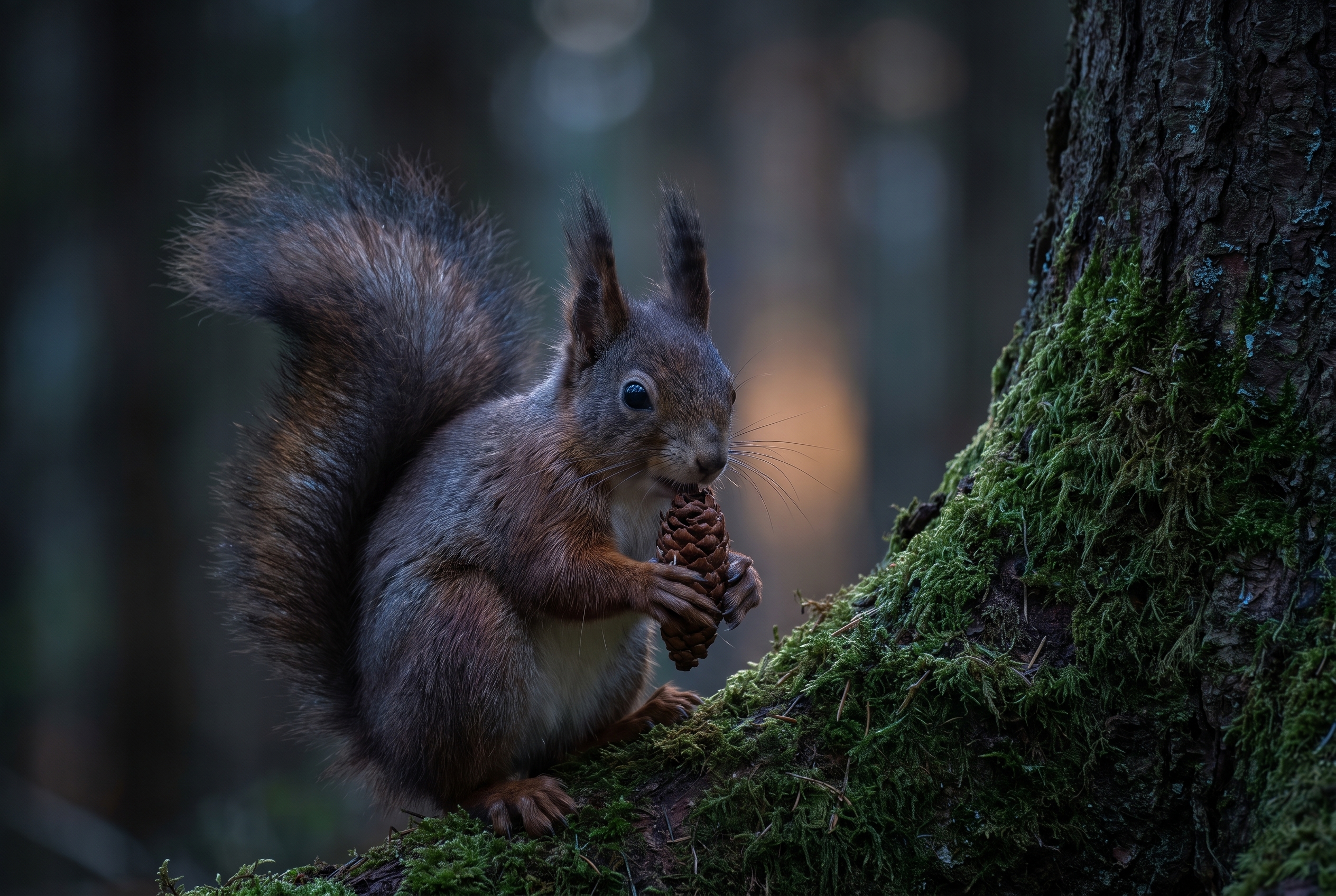 Photographie d'un écureuil roux au crépuscule avec le Nikon Z5 II C montrant la netteté des détails en faible luminosité.
