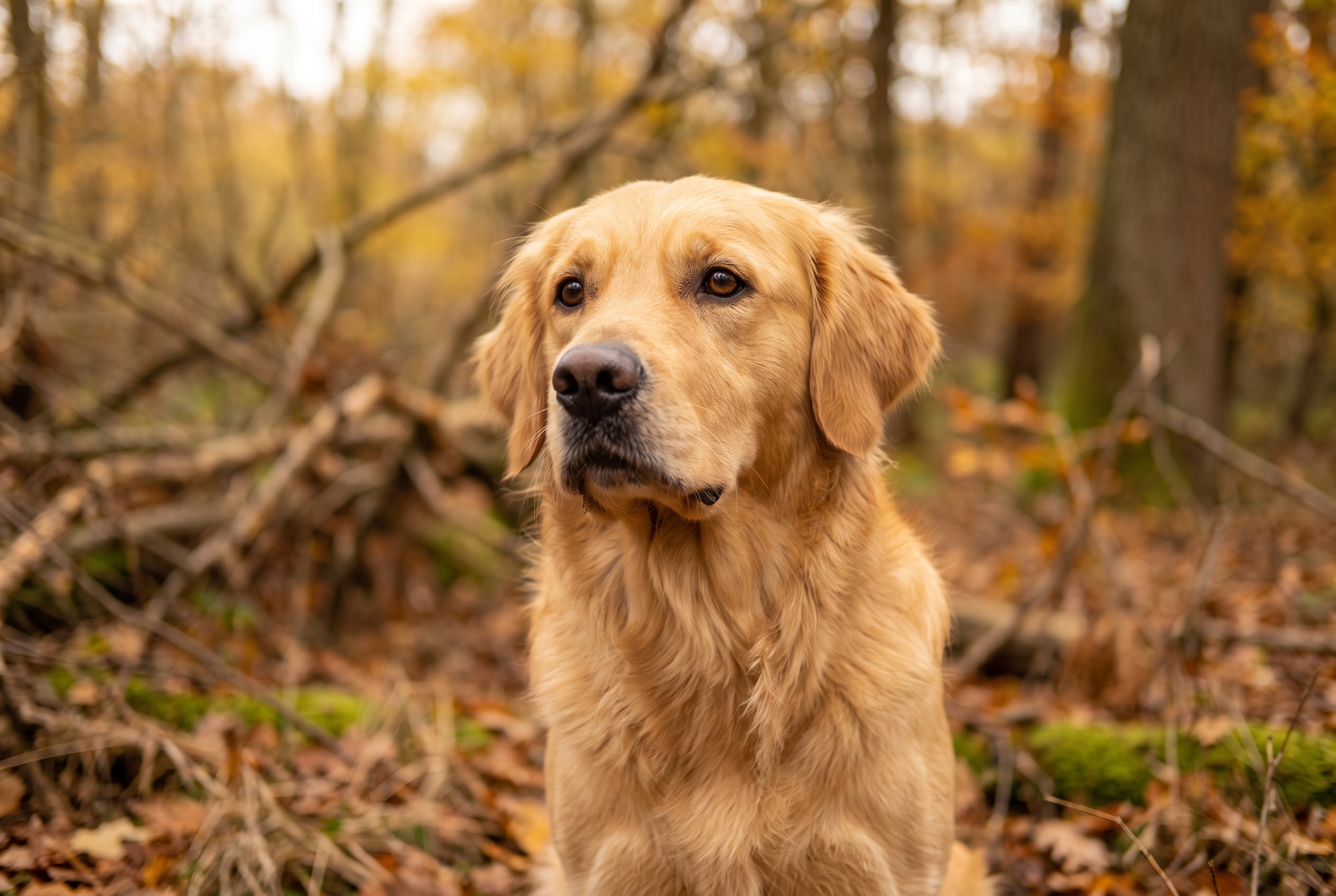 Portrait d'un Golden Retriever en forêt d'automne, illustrant le piqué à f/1.2 et le bokeh crémeux de l'objectif Sigma 85mm DG Art.