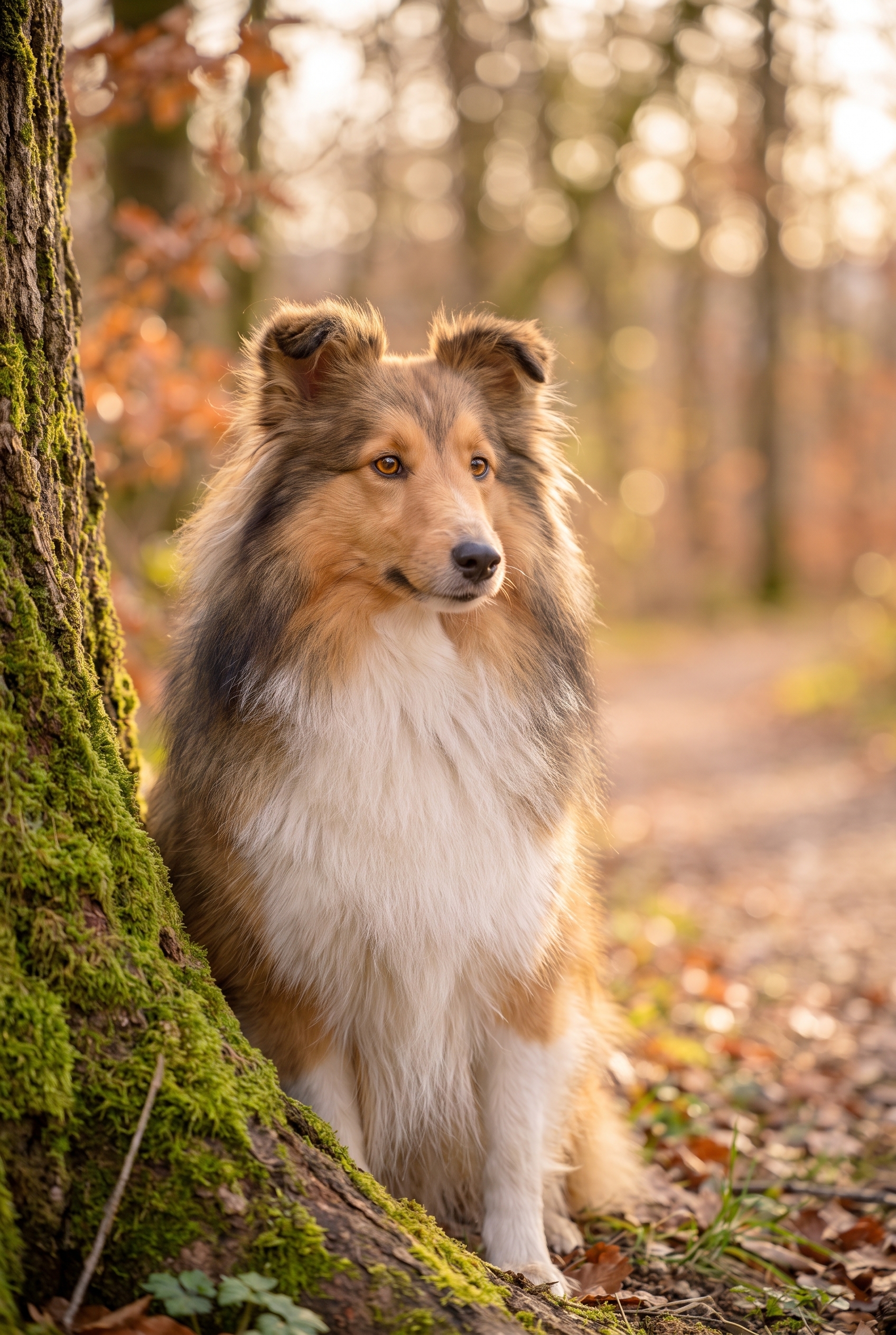 Portrait d'un chien Berger des Shetland en forêt, capturé à pleine ouverture avec le Sigma 85mm f/1.2 DG Art montrant un piqué extrême et un bokeh crémeux.