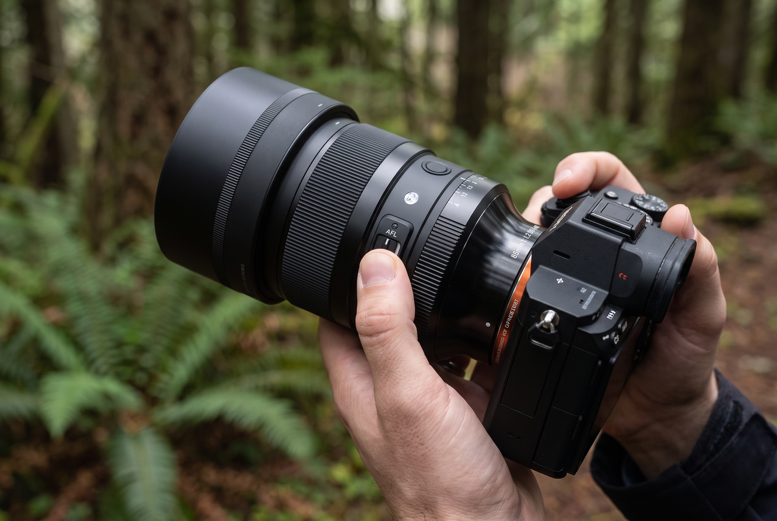 Photographe tenant l'objectif Sigma 85mm f/1.2 DG Art sur un boîtier hybride en forêt, zoom sur le bouton AFL et la bague d'ouverture.