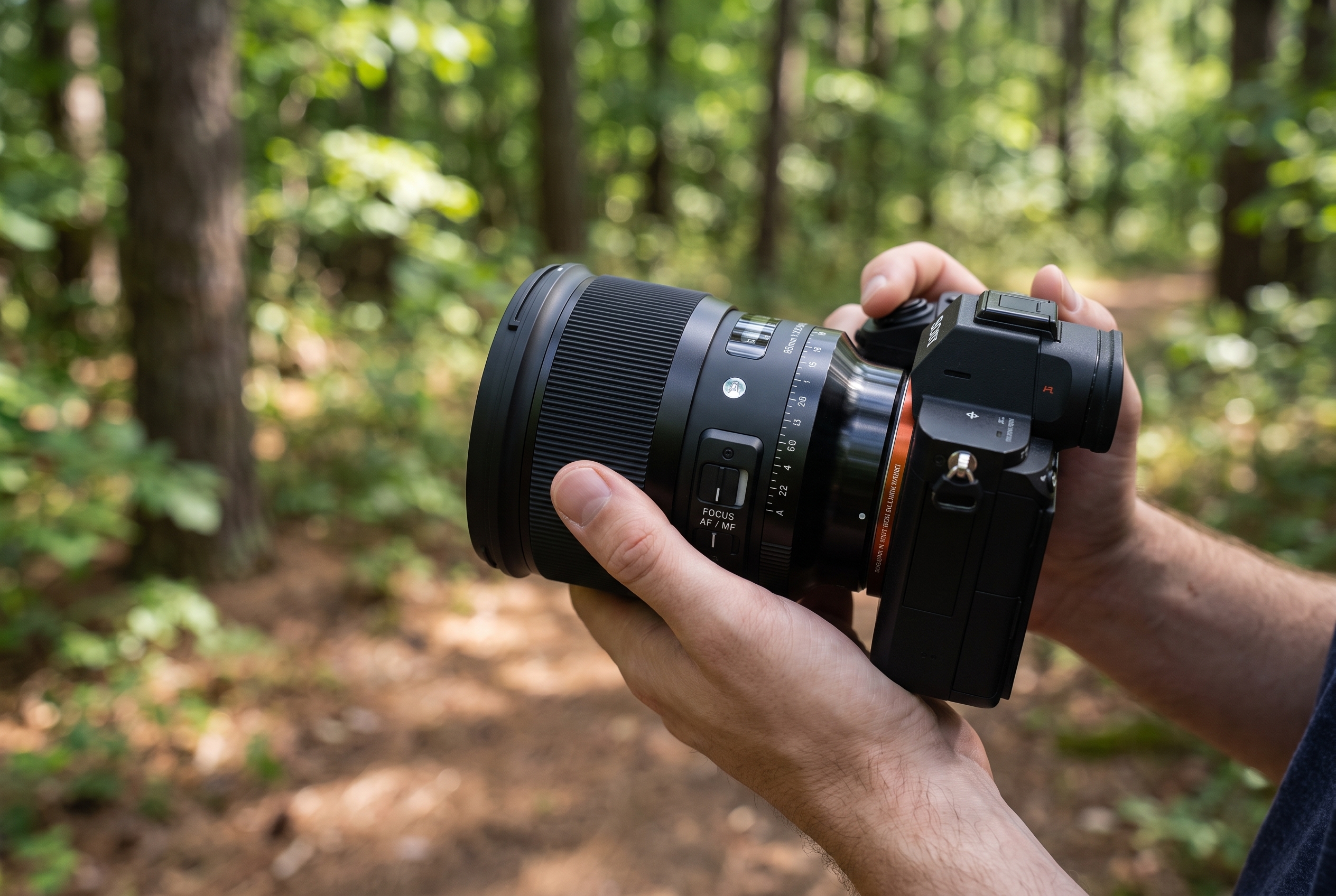 Objectif Sigma 85mm f/1.2 DG Art monté sur un boîtier hybride plein format, tenu en main par un photographe sur un sentier forestier en lumière naturelle.