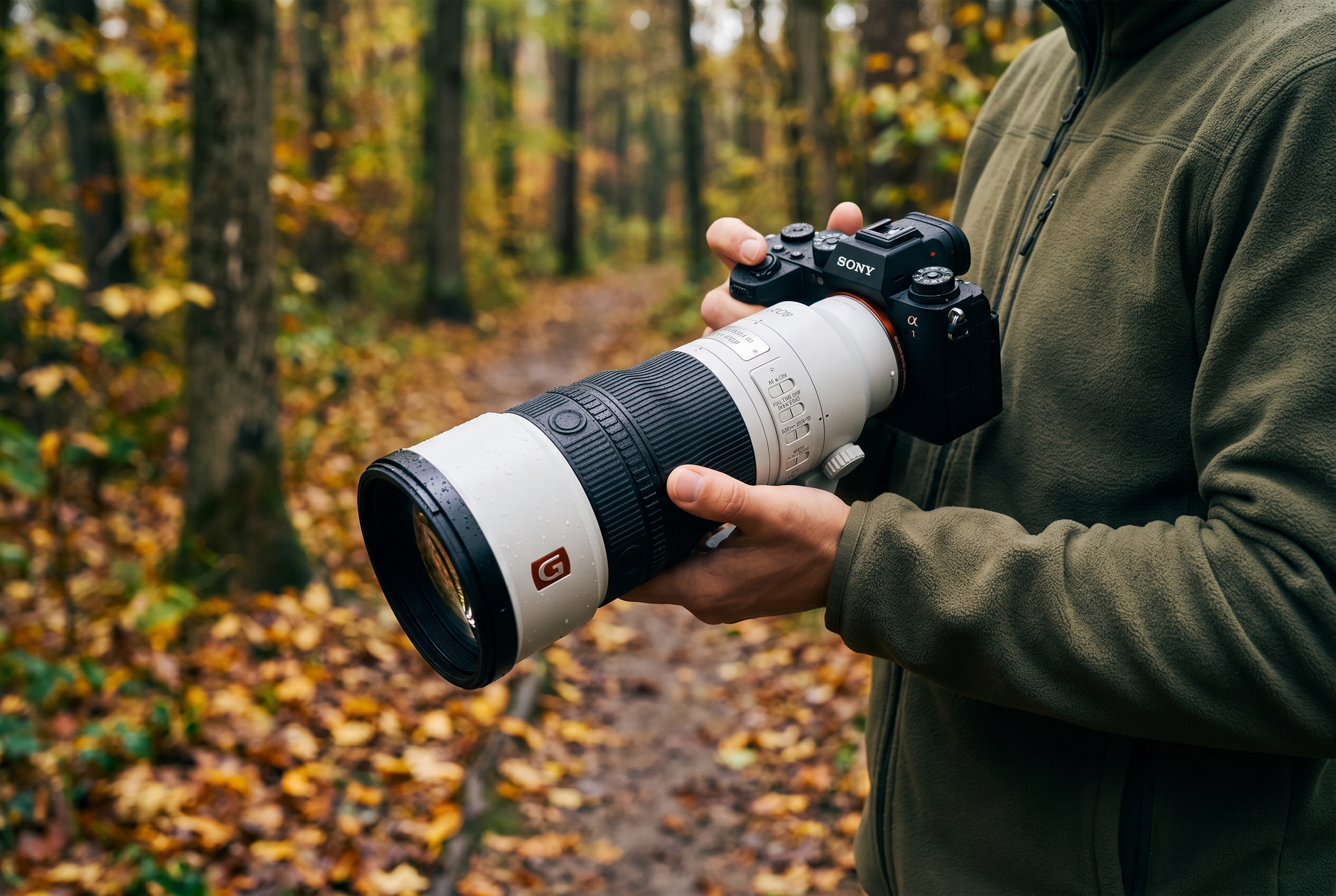Test Sony FE 400mm f/4.5 GM OSS : avis et retour d'expérience terrain 14 Photographe naturaliste tenant l'objectif Sony FE 400mm f/4.5 GM OSS monté sur un boîtier Alpha lors d'un test terrain en forêt d'automne.