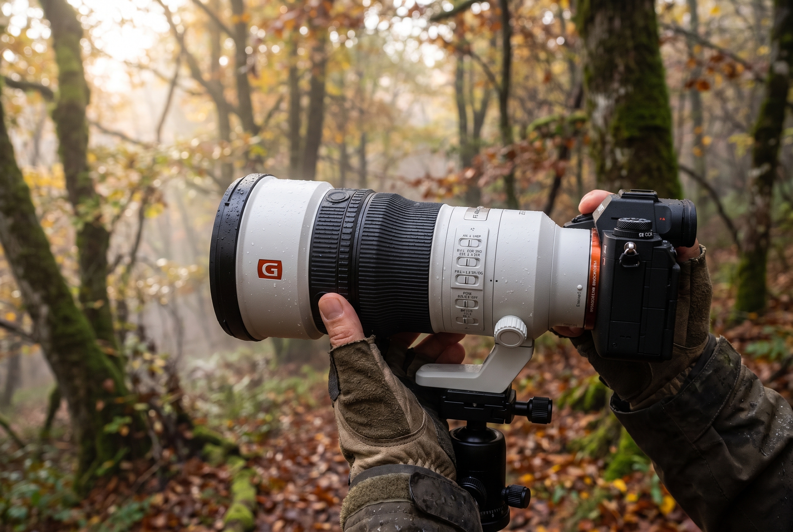 Test Sony FE 400mm f/4.5 GM OSS : avis et retour d'expérience terrain 17 Test du Sony FE 400mm f/4.5 GM OSS : prise en main de l'objectif par un photographe en forêt automnale pour évaluer son ergonomie.