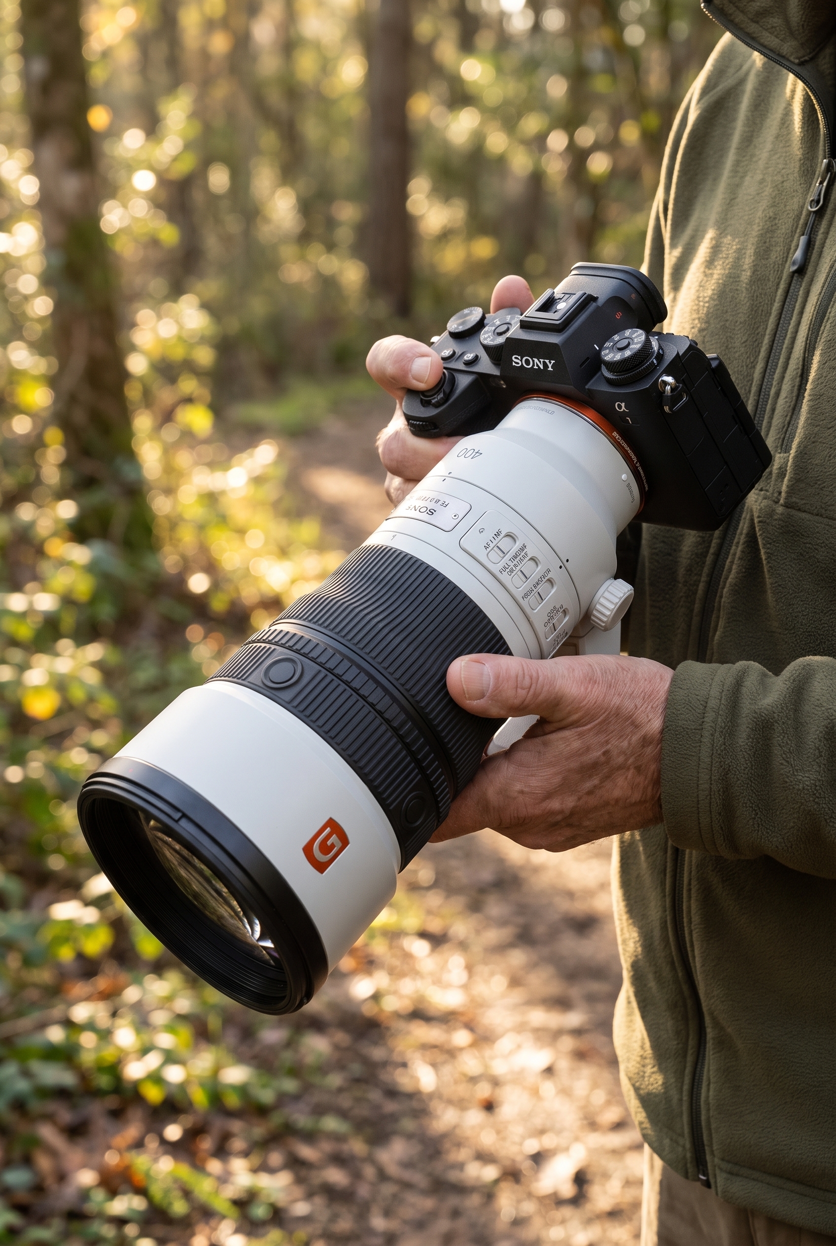 Test Sony FE 400mm f/4.5 GM OSS : avis et retour d'expérience terrain 23 Photographe tenant le Sony FE 400mm f/4.5 GM OSS monté sur un boîtier hybride lors d'un test en forêt.
