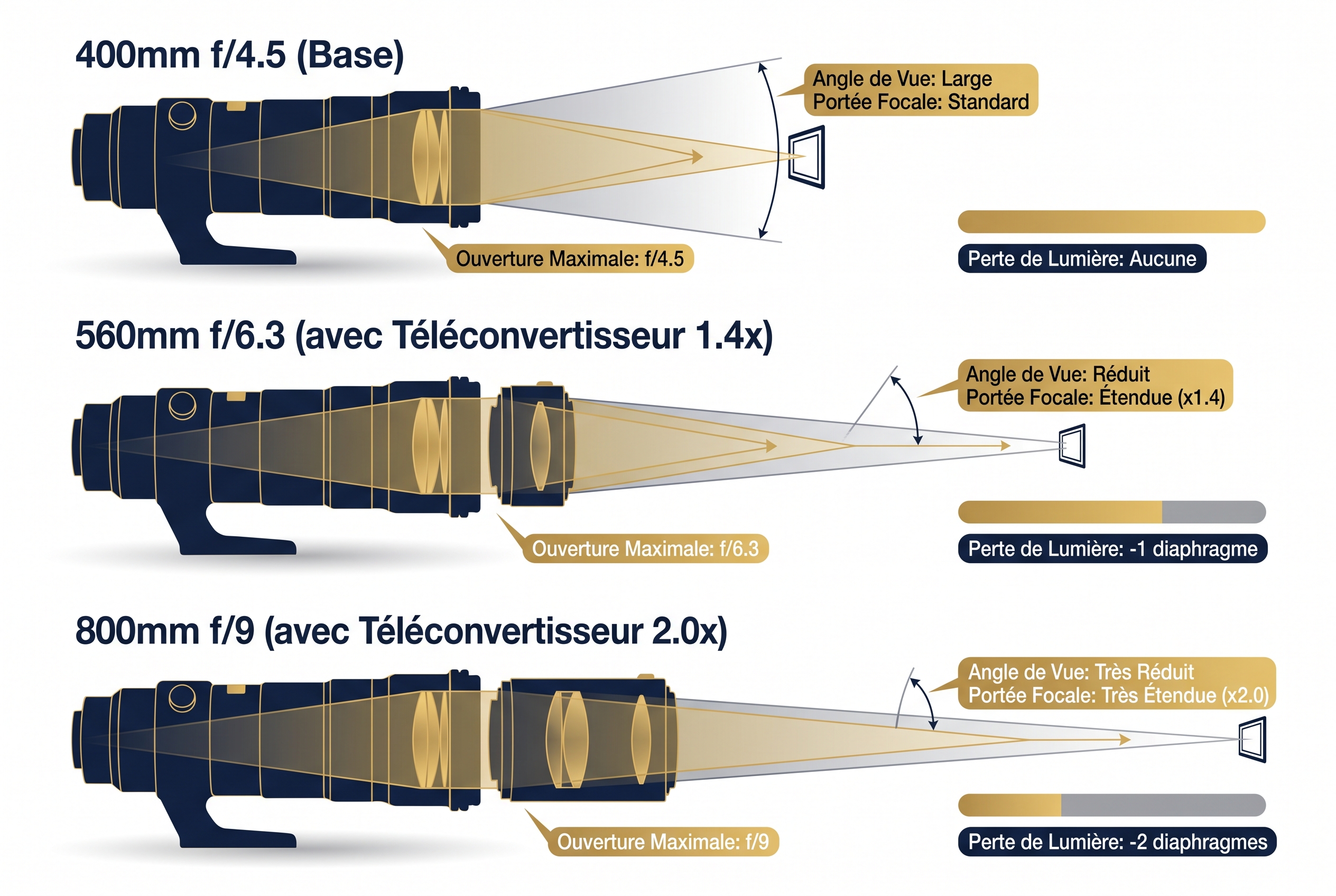 Test Sony FE 400mm f/4.5 GM OSS : avis et retour d'expérience terrain 22 Schéma technique comparatif montrant l'impact des téléconvertisseurs 1.4x et 2.0x sur l'objectif Sony FE 400mm f/4.5 GM OSS : focale, ouverture maximale et perte de lumière.