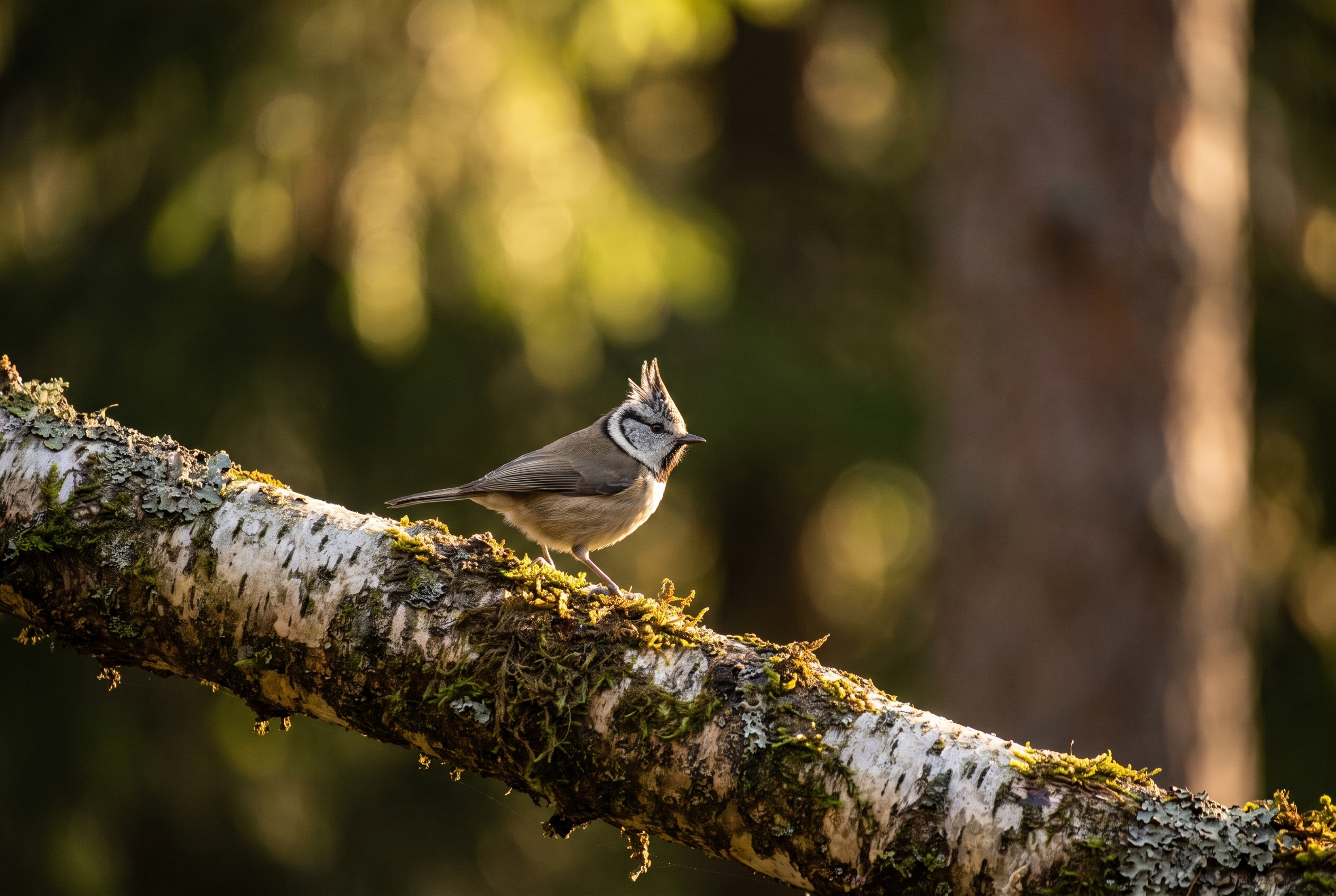 Photographie d'une mésange huppée sur une branche de bouleau, réalisée lors du test du Sony FE 600mm f/6.3 montrant le piqué et le bokeh.