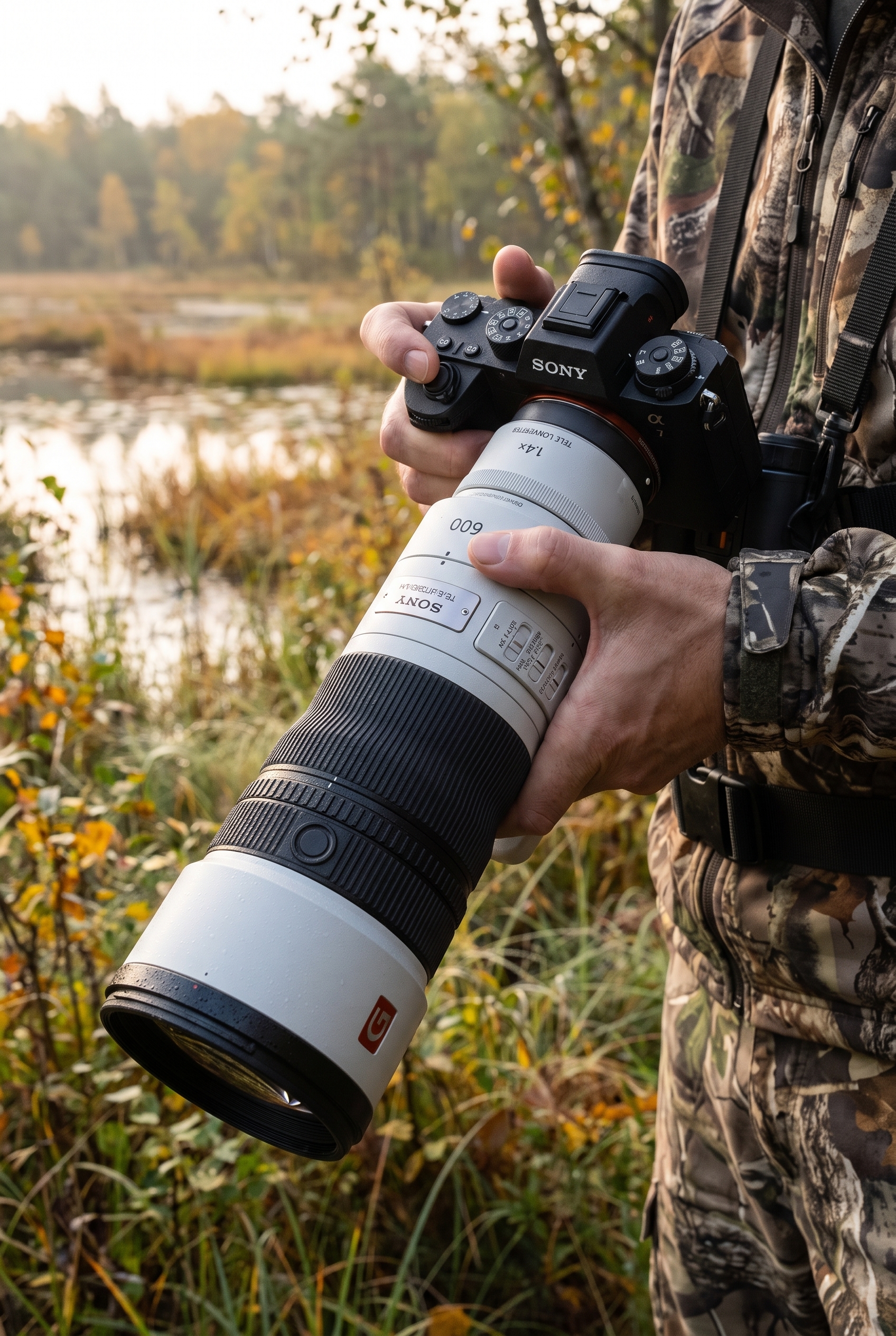 Photographe animalier manipulant l'objectif Sony FE 600mm f/6.3 avec un multiplicateur 1.4x lors d'un test de terrain à l'aube en forêt.