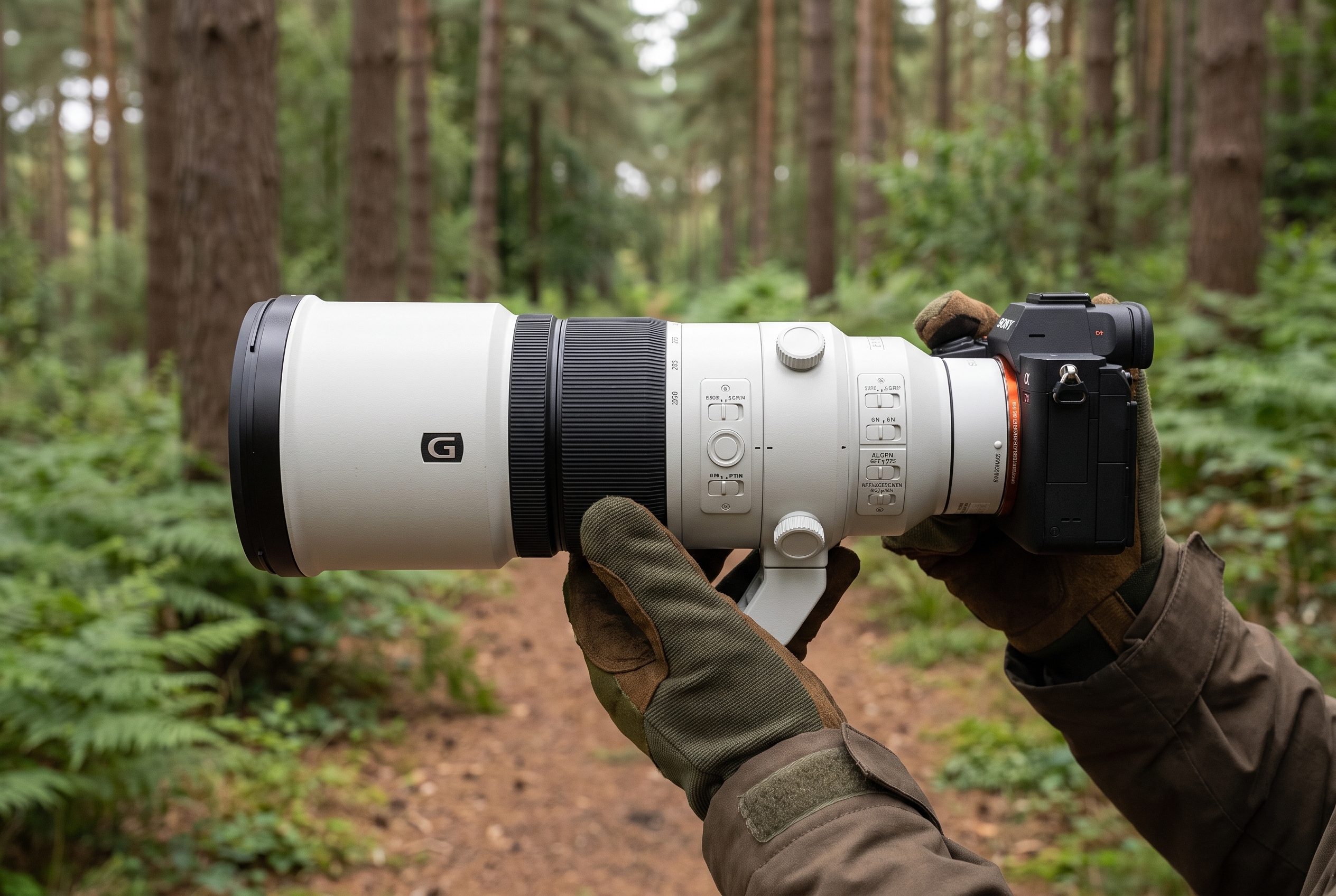 Photographe animalier tenant le Sony FE 600mm f/6.3 monté sur un boîtier Alpha en forêt lors d'un test terrain.