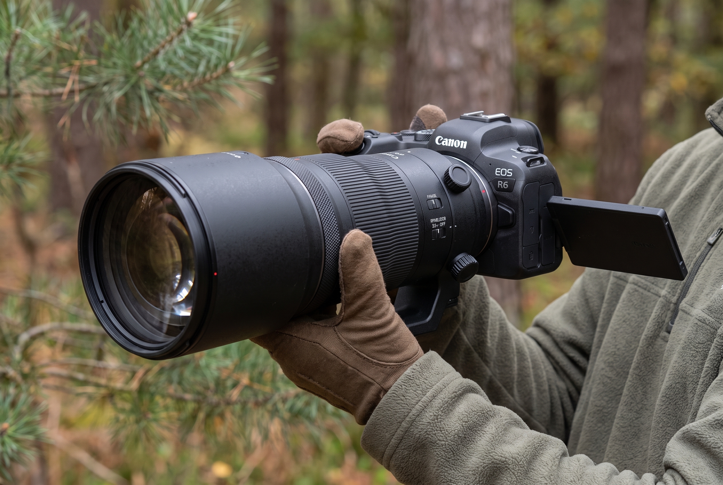 Prise en main du Canon EOS R6 lors d'un test terrain en photographie animalière : ergonomie du grip et stabilité en forêt.