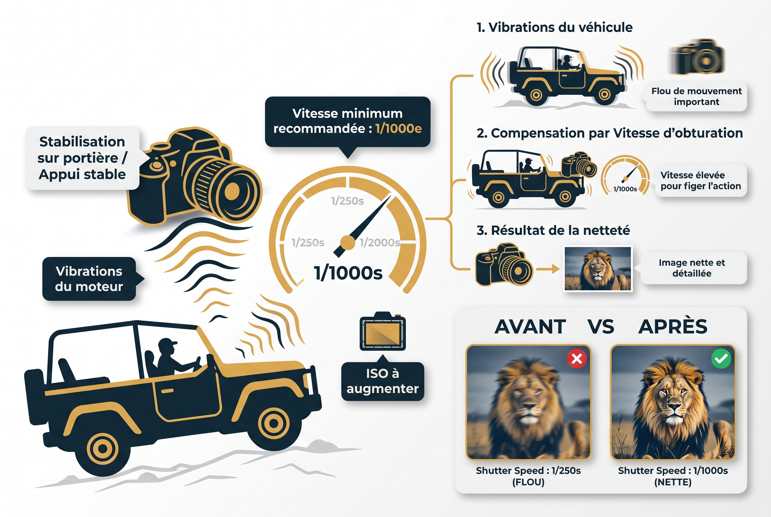 Réussir son safari photo : le bon matériel et les erreurs à éviter 24 Infographie pédagogique expliquant comment régler la vitesse d'obturation (1/1000s) pour compenser les vibrations d'un véhicule lors d'un safari photo.