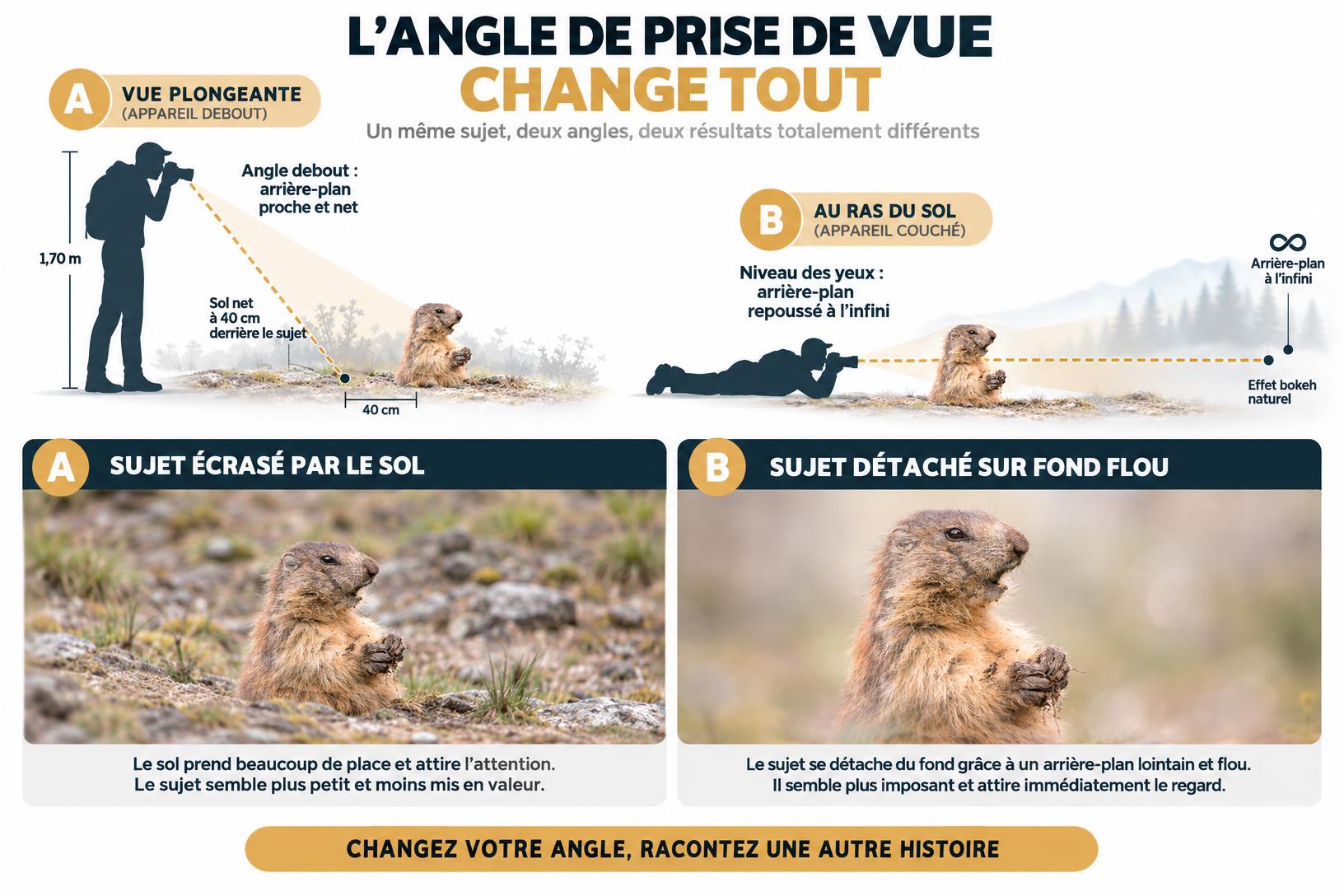 Schéma pédagogique comparant la vue plongeante et la prise de vue au ras du sol pour isoler un animal sauvage.