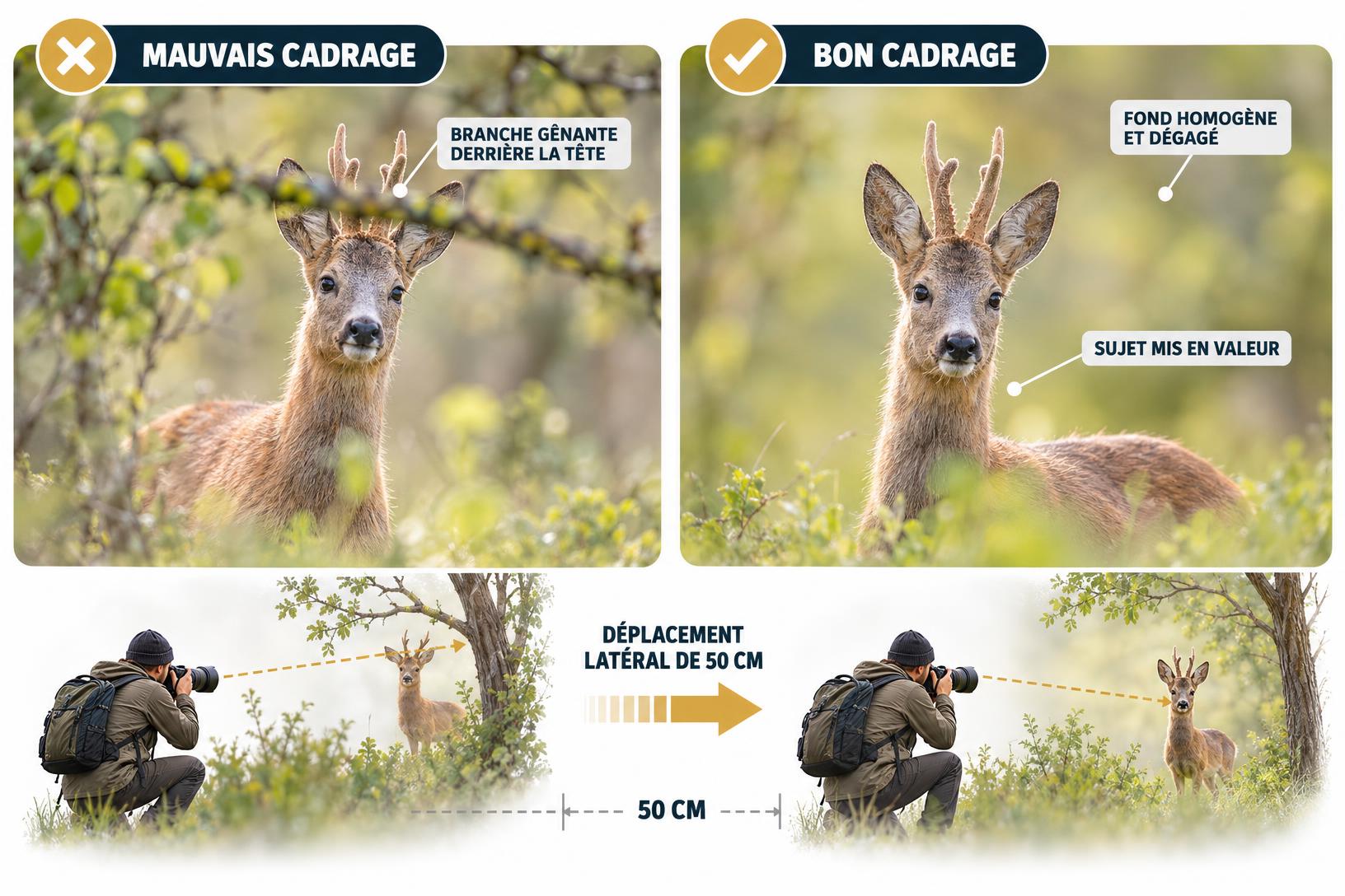 Illustration pédagogique montrant une astuce photo pour améliorer le cadrage : l'impact d'un déplacement latéral de 50 cm sur l'arrière-plan d'une photo de chevreuil.