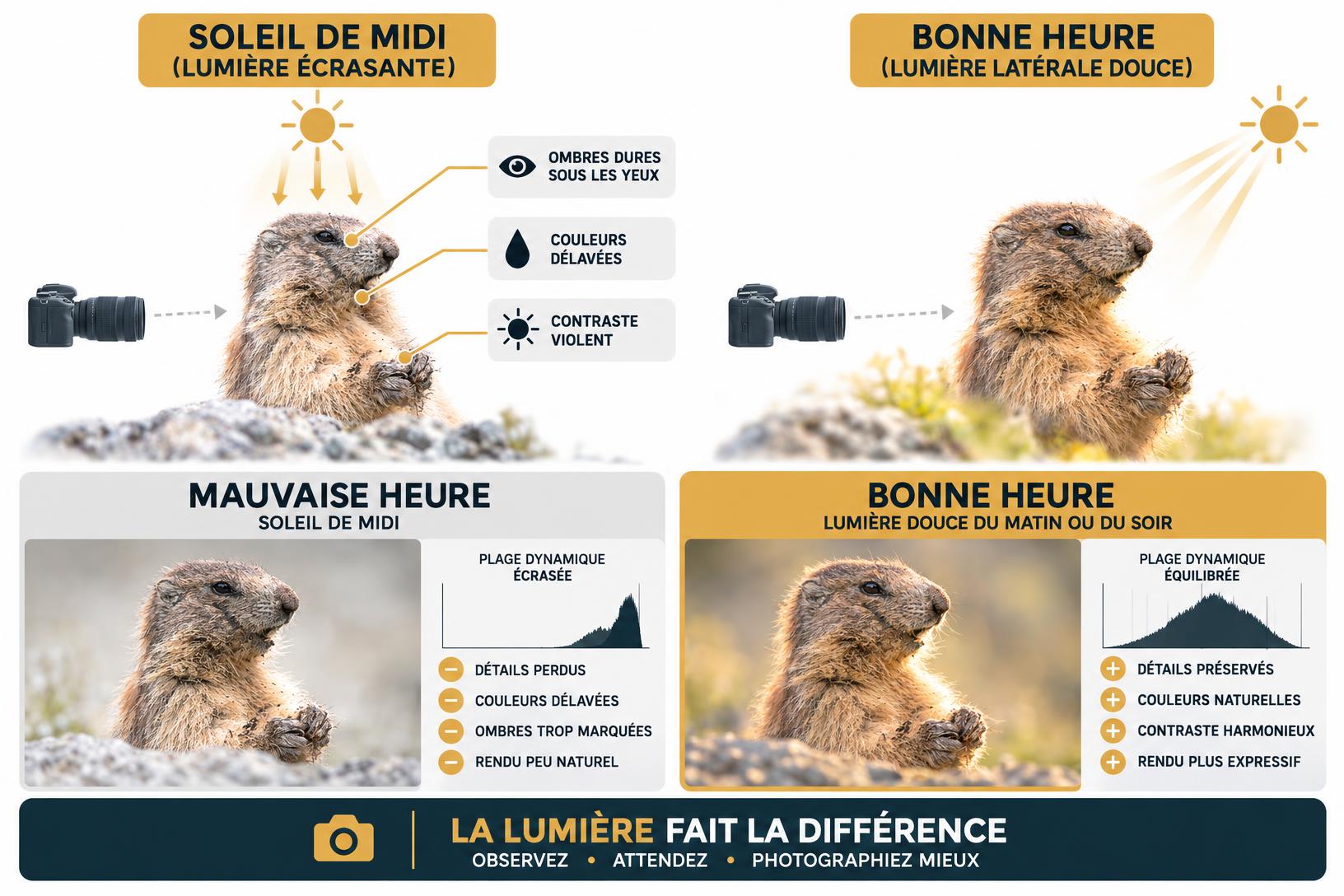 Schéma pédagogique comparant les effets d'une lumière de midi écrasante versus une lumière latérale sur une photo de marmotte.