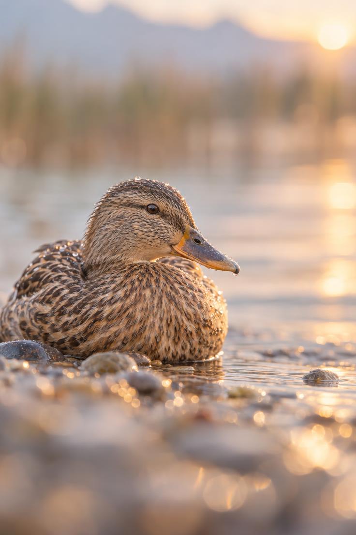 Astuces photos : exemple de prise de vue au ras de l'eau d'une femelle canard colvert pour améliorer la perspective et le flou d'arrière-plan.