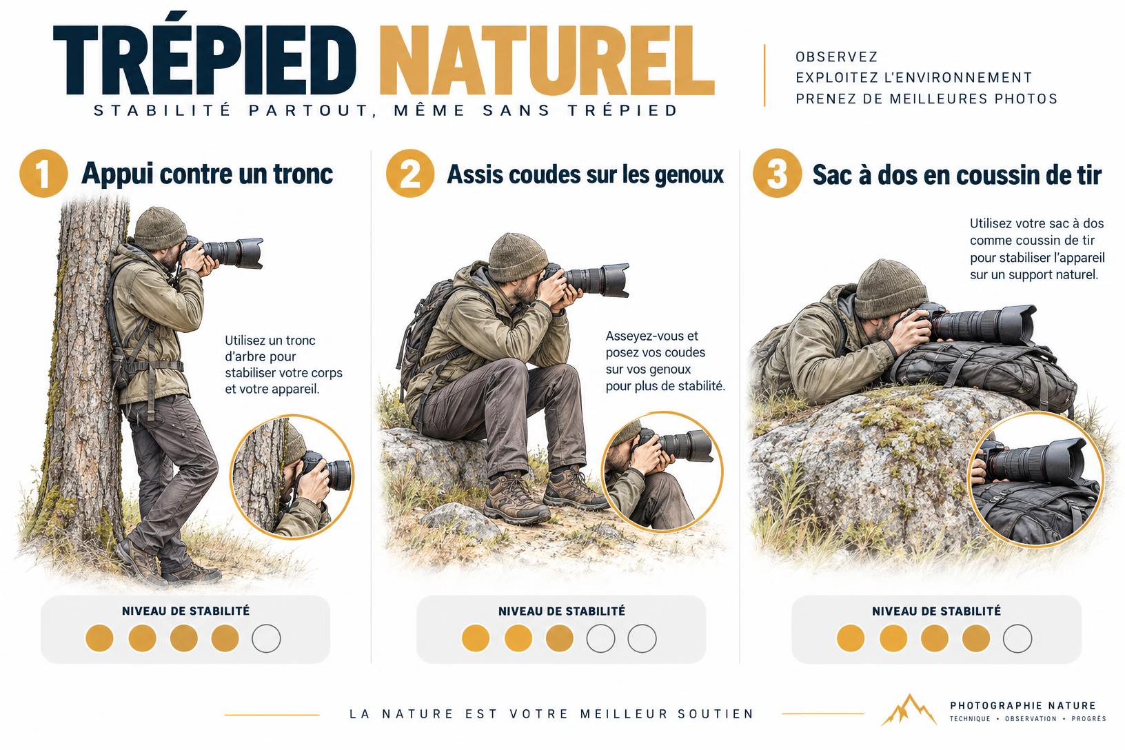 Illustration pédagogique montrant 3 astuces photos pour stabiliser son appareil sans trépied : appui contre un tronc, coudes sur les genoux et utilisation du sac à dos comme support.