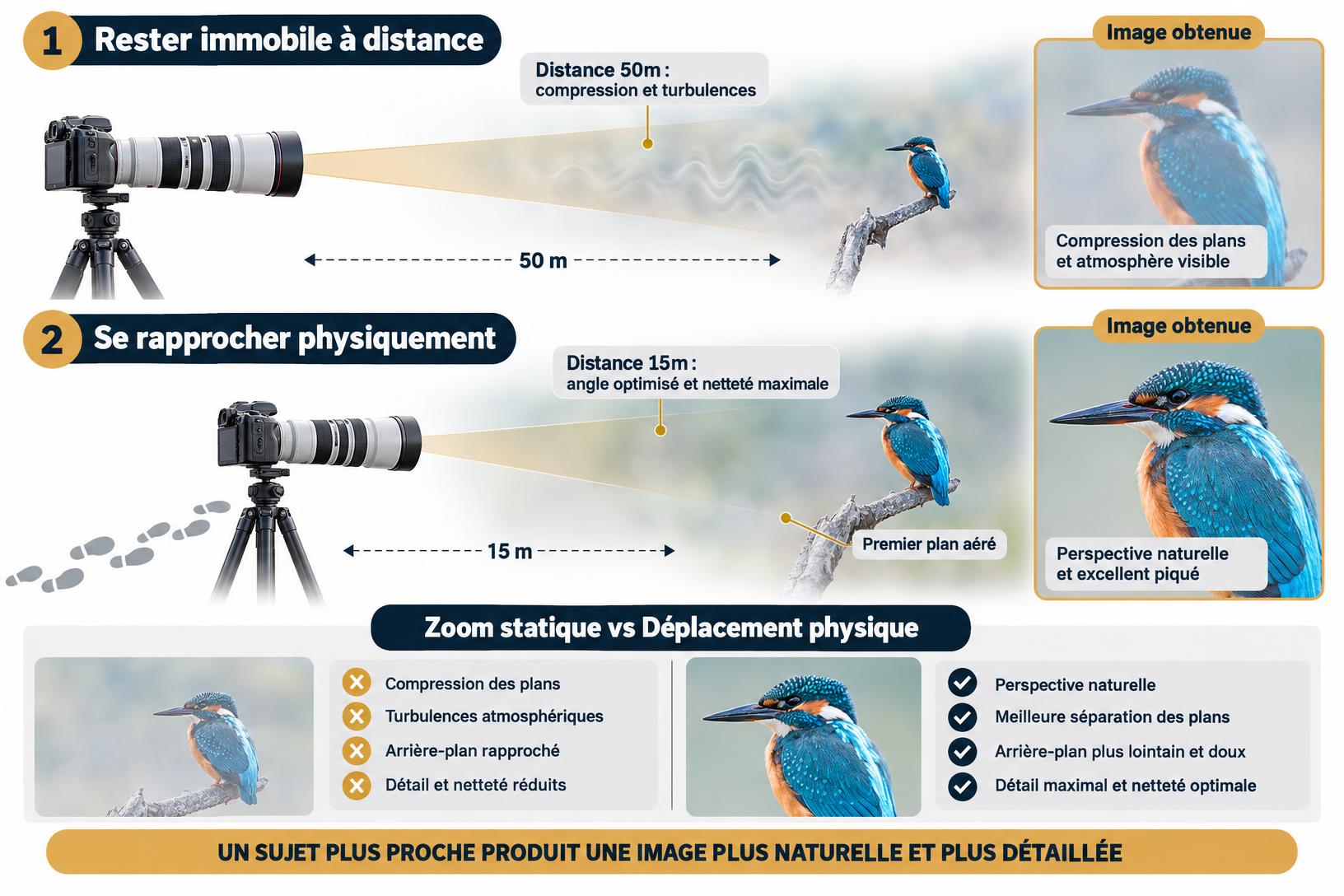 Infographie pédagogique comparant le zoom optique à distance et le rapprochement physique du photographe vers un oiseau pour une meilleure netteté.