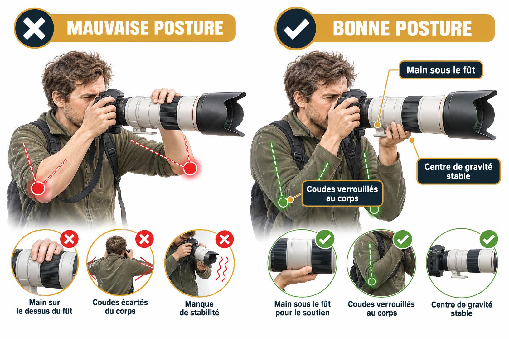 Illustration comparative montrant la bonne et la mauvaise posture pour tenir un appareil photo avec téléobjectif : coudes au corps vs coudes écartés.