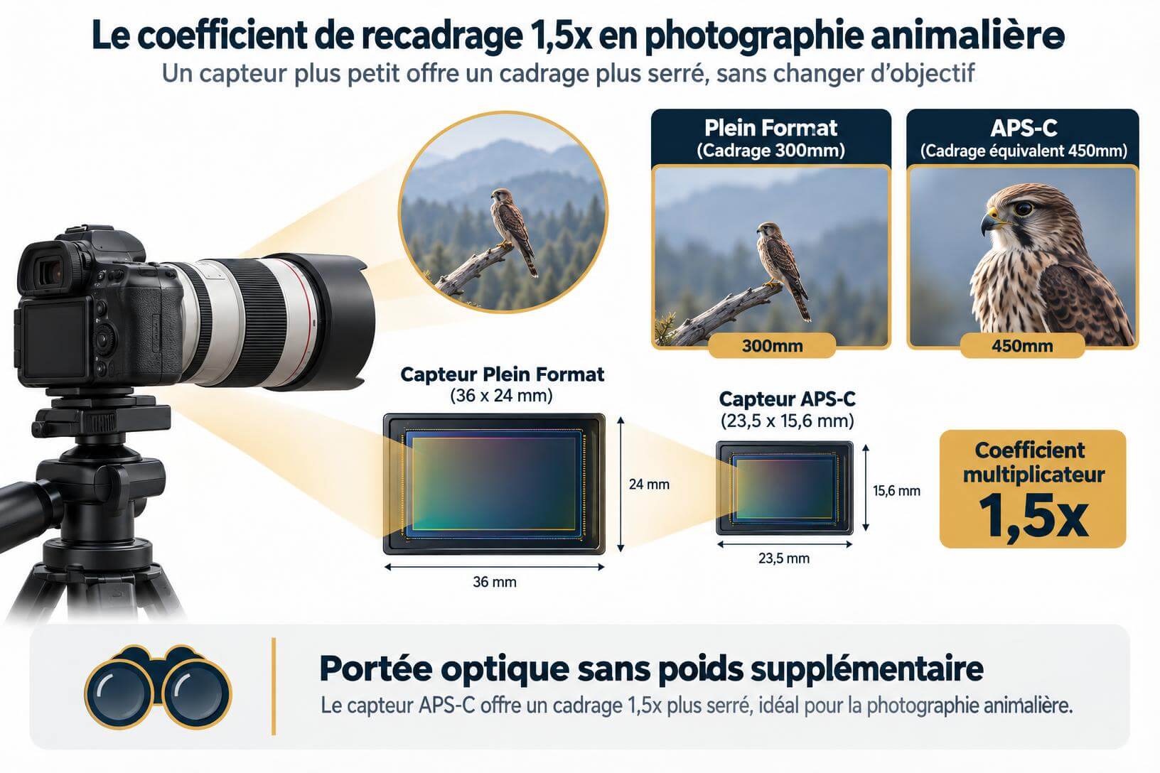 Schéma pédagogique expliquant le coefficient multiplicateur 1,5x du capteur APS-C du Fujifilm X-H2S comparé au Plein Format pour la photo animalière.