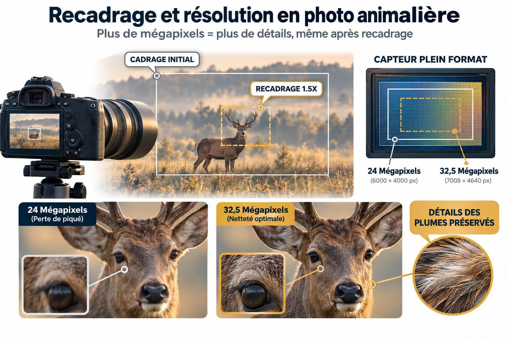 Schéma pédagogique comparant la résolution 24 MP et 32,5 MP pour le recadrage en photo animalière avec le Canon R6 Mark III.