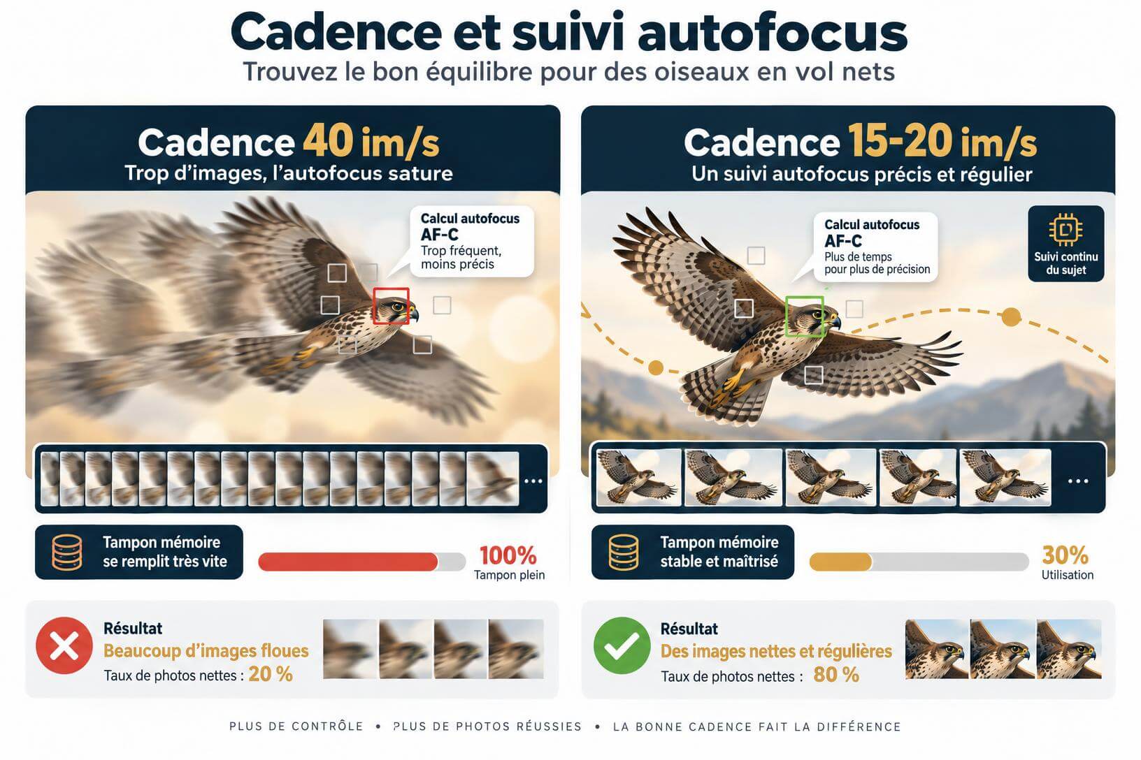 Infographie pédagogique comparant la rafale à 40 im/s et le suivi autofocus à 20 im/s du Fujifilm X-H2S sur un oiseau en vol.