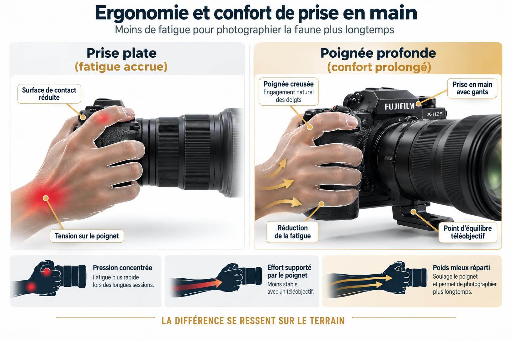 Schéma comparatif de l'ergonomie de la poignée du Fujifilm X-H2S montrant la réduction de la fatigue du poignet en photographie animalière.