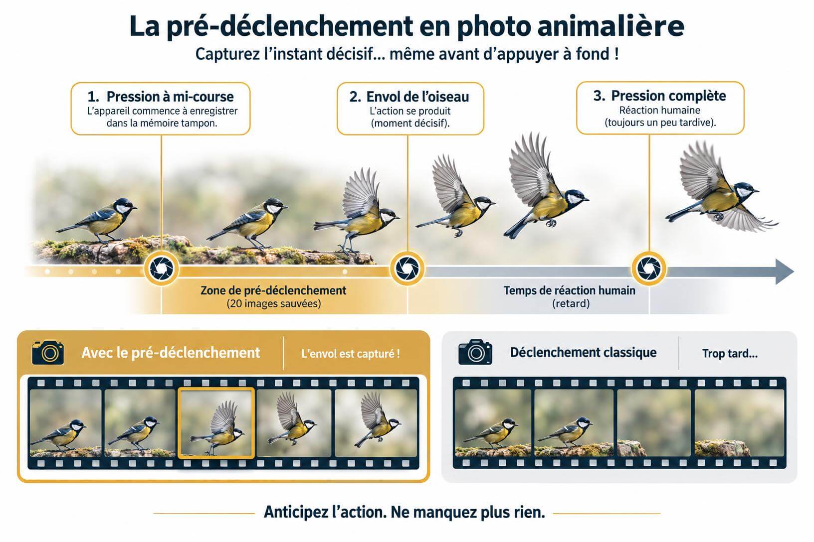 Infographie pédagogique expliquant la fonction de pré-déclenchement du Canon EOS R6 Mark III pour capturer l'envol d'un oiseau malgré le temps de réaction humain.