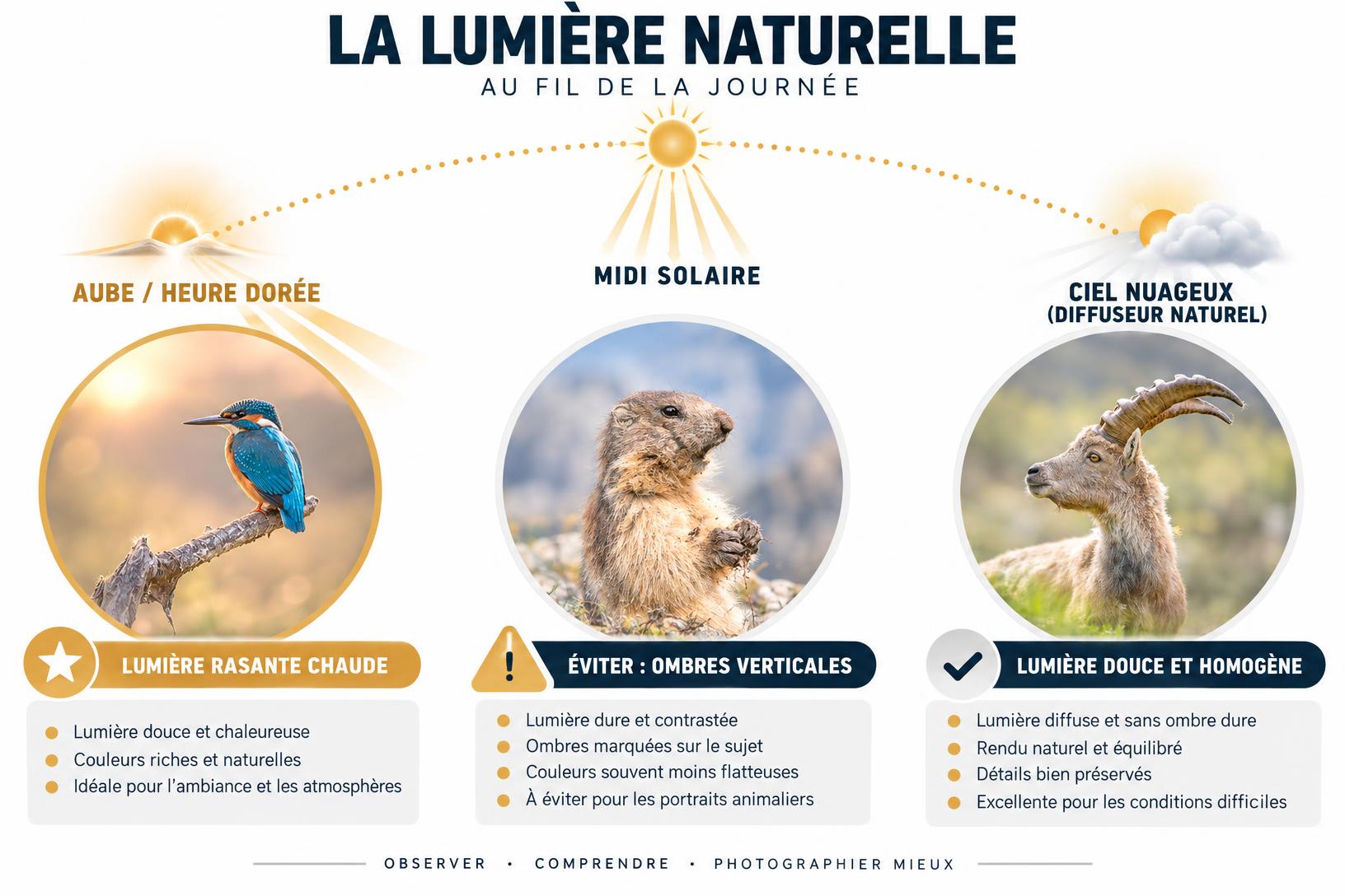 Illustration pédagogique montrant la trajectoire du soleil et la qualité de la lumière (heure dorée, midi solaire, ciel nuageux) pour progresser en photographie de nature.
