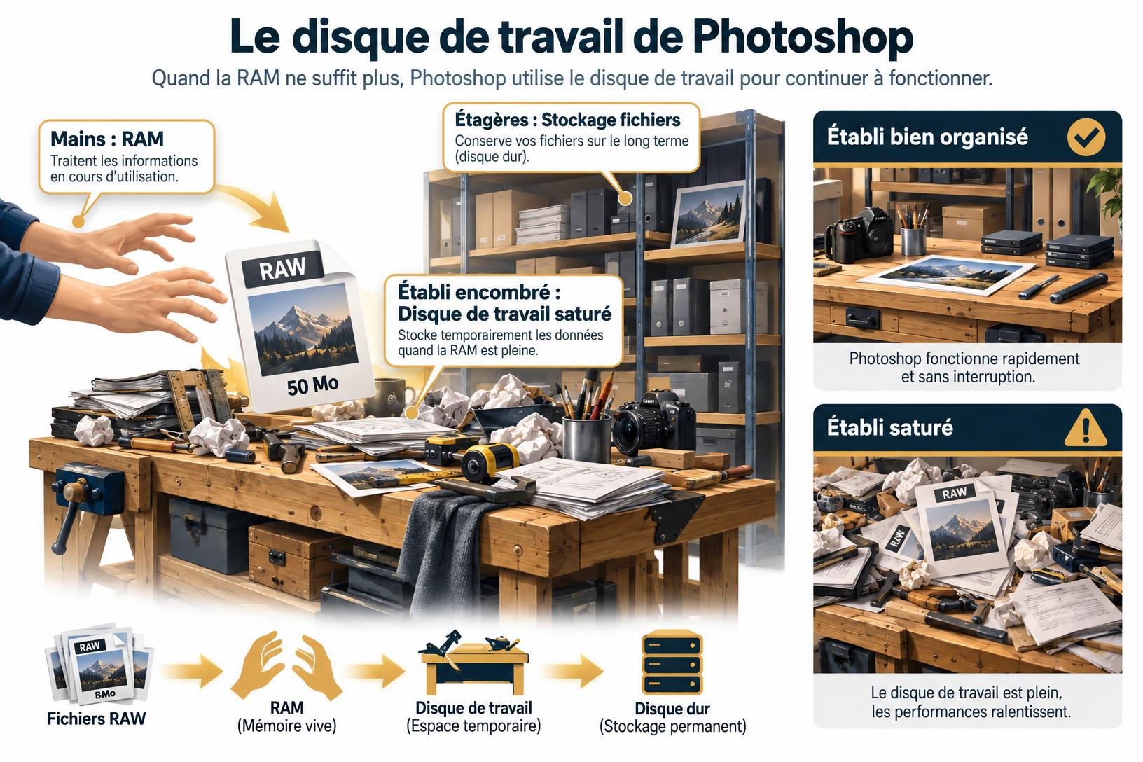 Illustration explicative de l'erreur disque de travail saturé Photoshop utilisant la métaphore d'un établi de menuisier encombré pour représenter la mémoire temporaire.
