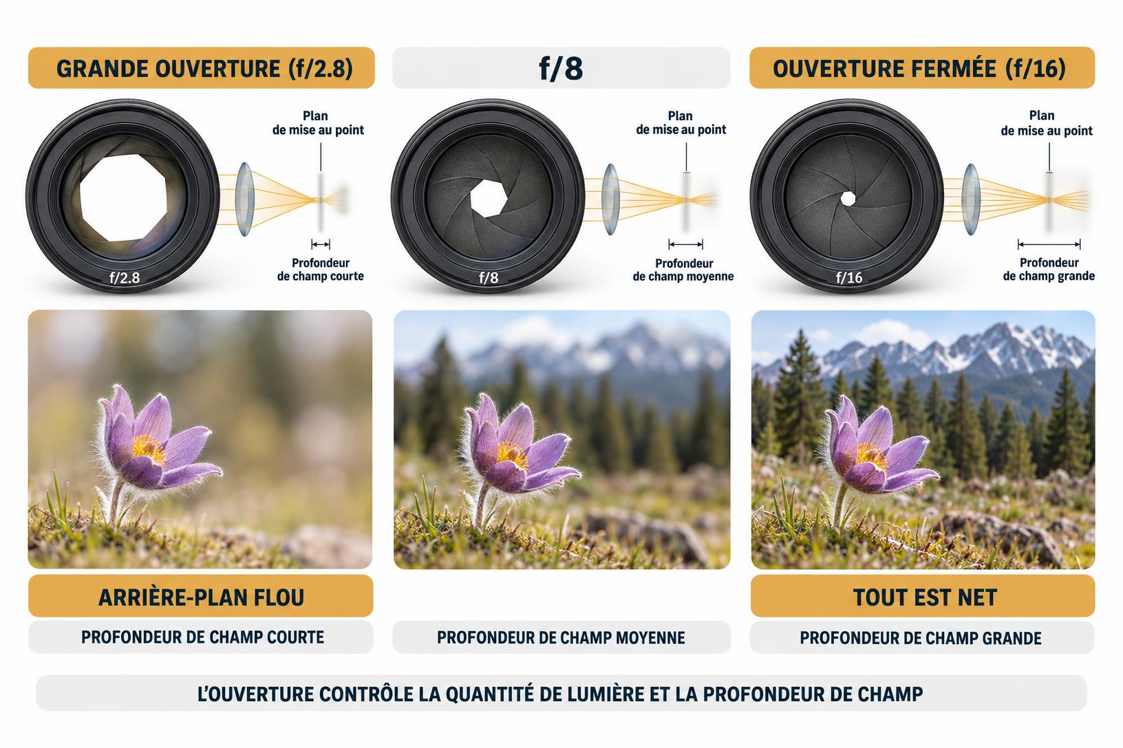 Schéma pédagogique expliquant l'impact de l'ouverture du diaphragme (f/2.8 à f/16) sur la profondeur de champ et le flou d'arrière-plan, une des astuces photos clés pour progresser.