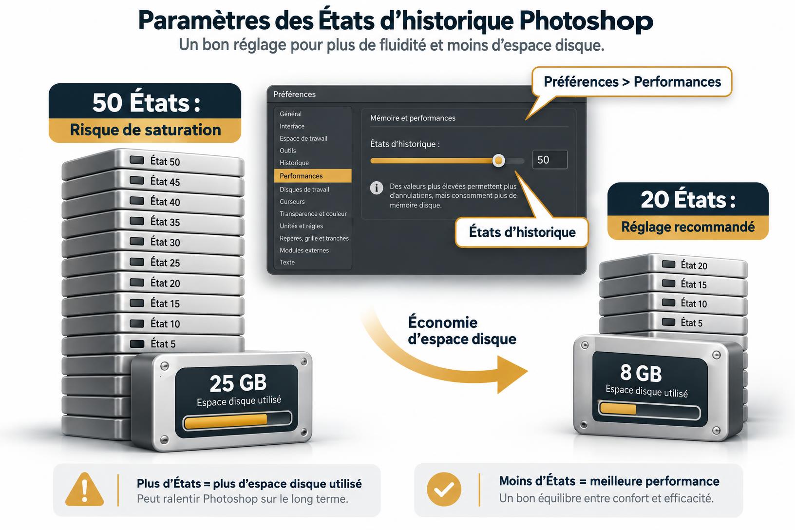 Infographie comparative montrant l'impact du nombre d'états d'historique sur l'espace disque pour résoudre l'erreur de disque de travail saturé Photoshop.
