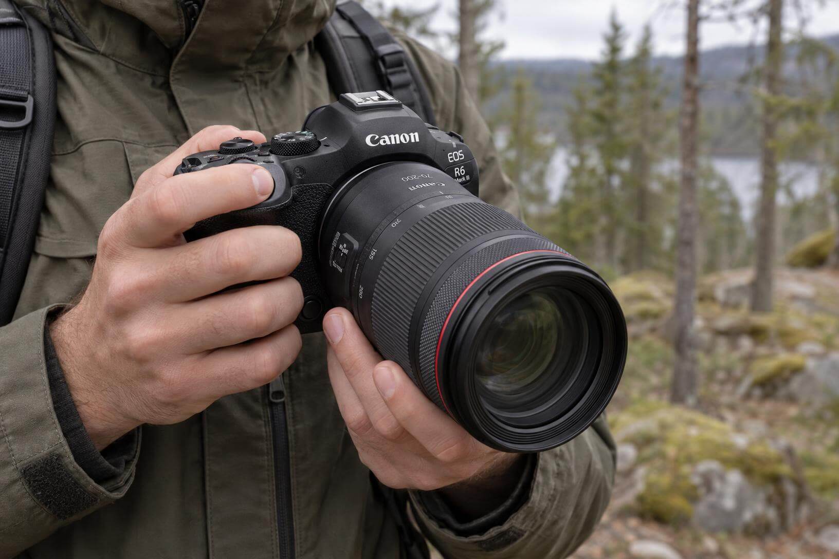 Photographie du Canon R6 Mark III tenu en main en forêt lors d'un test terrain pour la photo animalière.