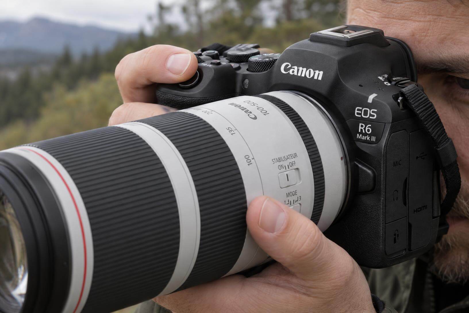 Test Canon R6 Mark III : gros plan sur l'ergonomie du boîtier et la disposition des boutons de commande lors d'un test sur le terrain en extérieur.
