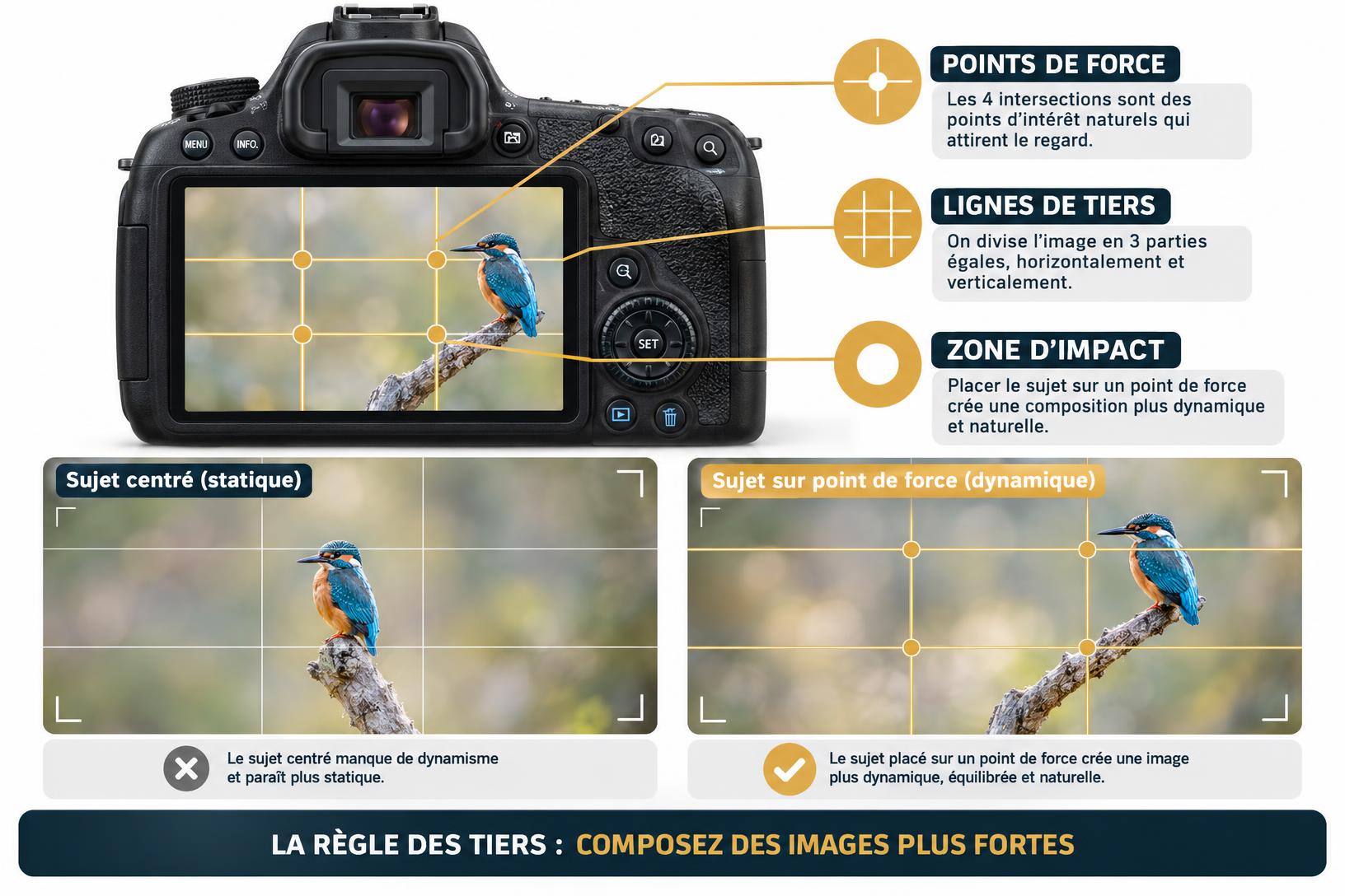 Schéma pédagogique de la règle des tiers avec grille de composition et points de force sur une scène de nature, illustrant des astuces photos pour débutants.