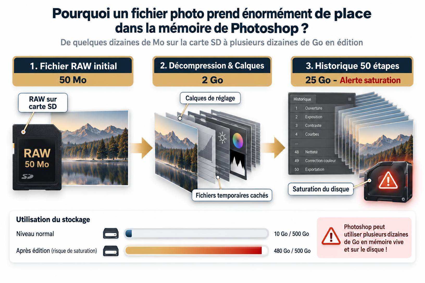 Infographie montrant l'augmentation exponentielle de la taille d'un fichier photo RAW vers des fichiers temporaires causant un disque de travail saturé sur Photoshop.
