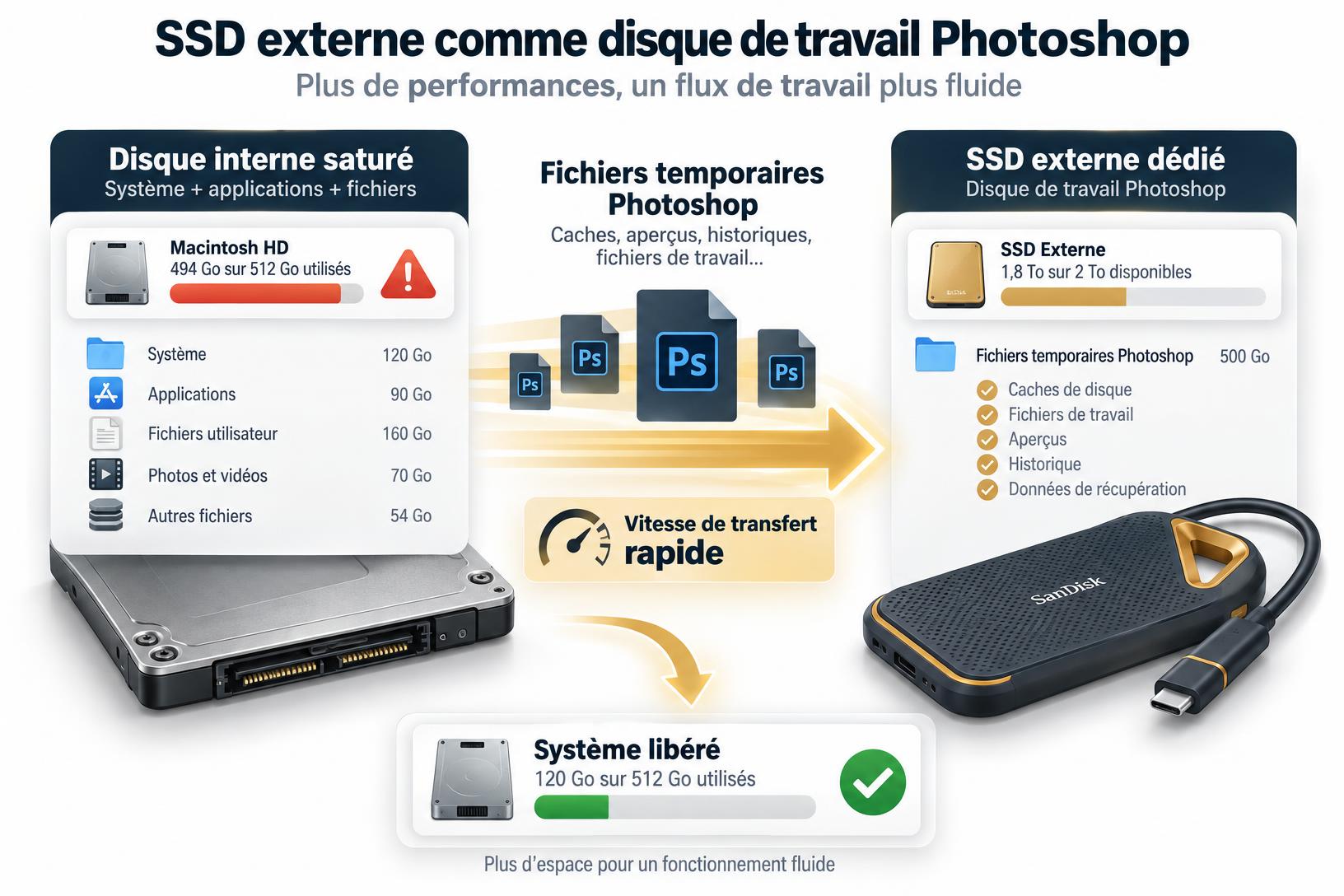 Schéma pédagogique montrant le transfert des fichiers temporaires de Photoshop vers un SSD externe pour résoudre l'erreur de disque de travail saturé.