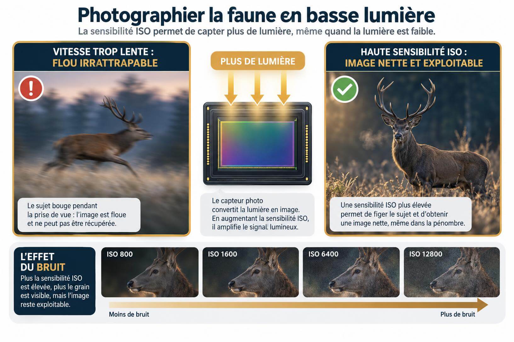 Schéma pédagogique comparatif de la montée en ISO du Canon R6 Mark III : différence entre une image floue par manque de vitesse et une image nette en haute sensibilité.