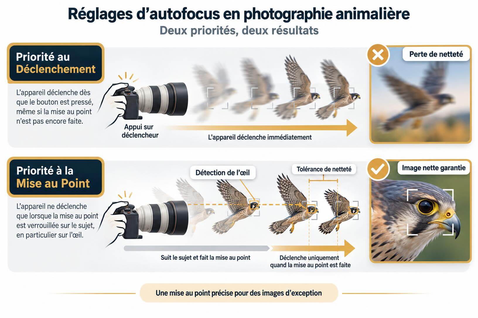 Infographie comparative des réglages autofocus du Fujifilm X-H2S : Priorité au déclenchement vs Priorité à la mise au point sur un oiseau en vol.